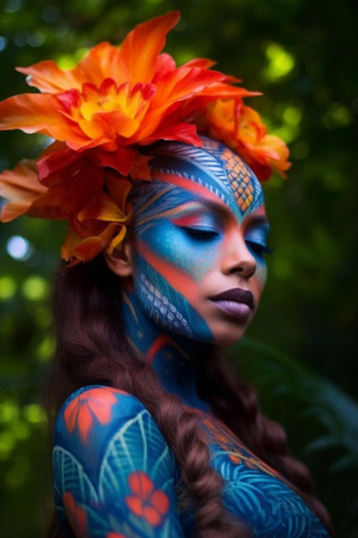 Body art, A girl with an exotic appearance, painted with bright colors in the style of tropical flowers and leaves, against the backdrop of a tropical forest, professional body art, outdoor photography