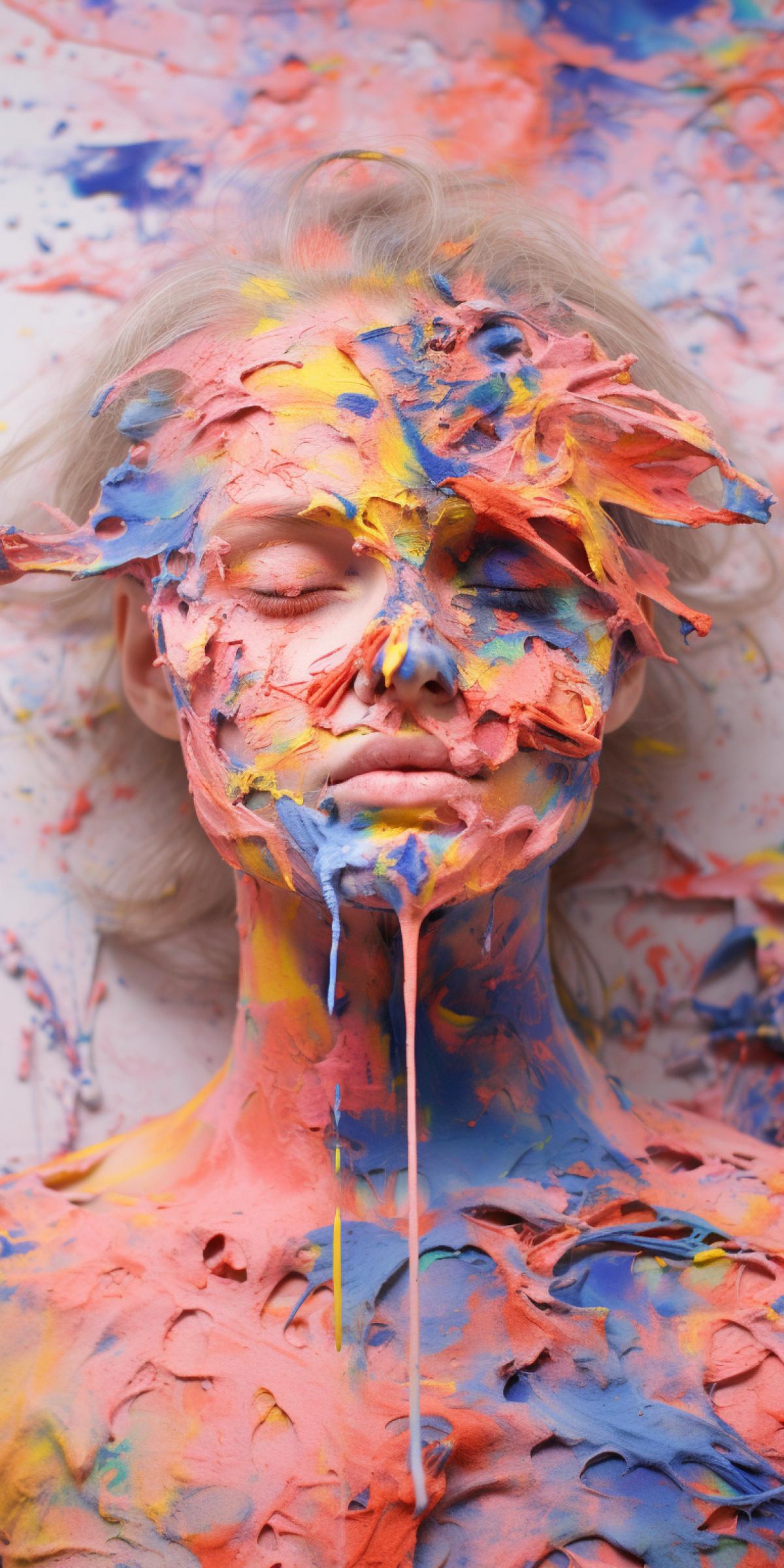 Colored paint stains all over a girl’s body, Body art, photo, installation