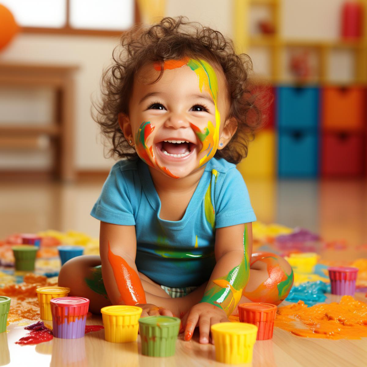 little girl, 2 years old, all smeared with bright colors from head to toe, drawing with her palms on a white wall in the room