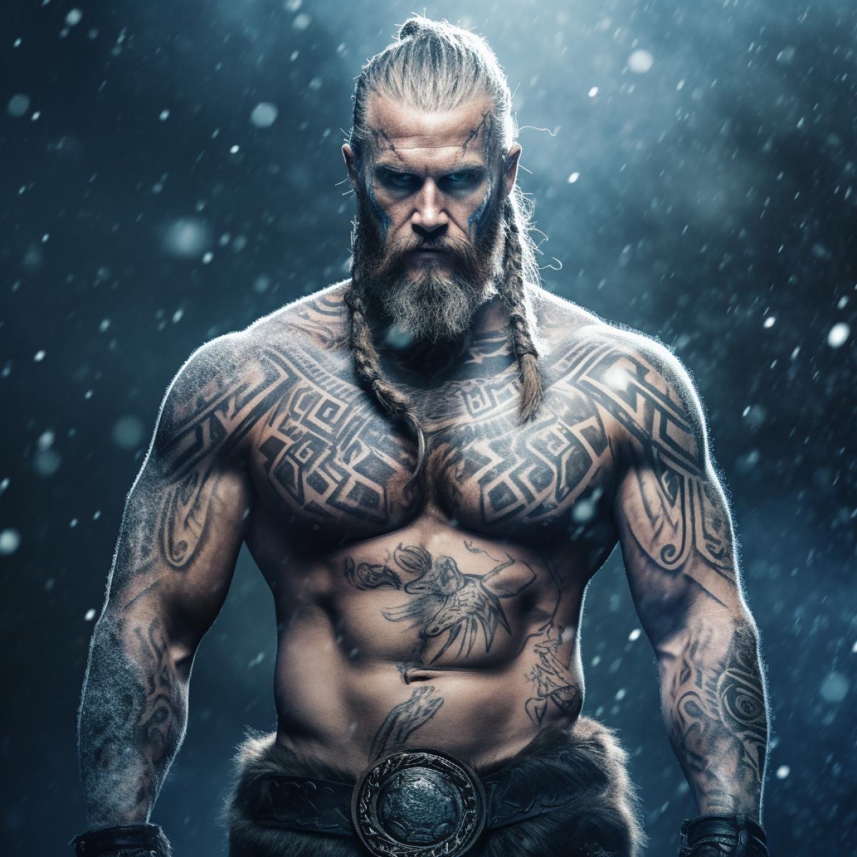 Powerful Man, Viking, torso, waist-length view, body art, Scandinavian body art, cinematic camera, color image, cold tone photography, hyperrealism, natural background with blur, strength, power, unity with nature, nebula, mystical atmosphere