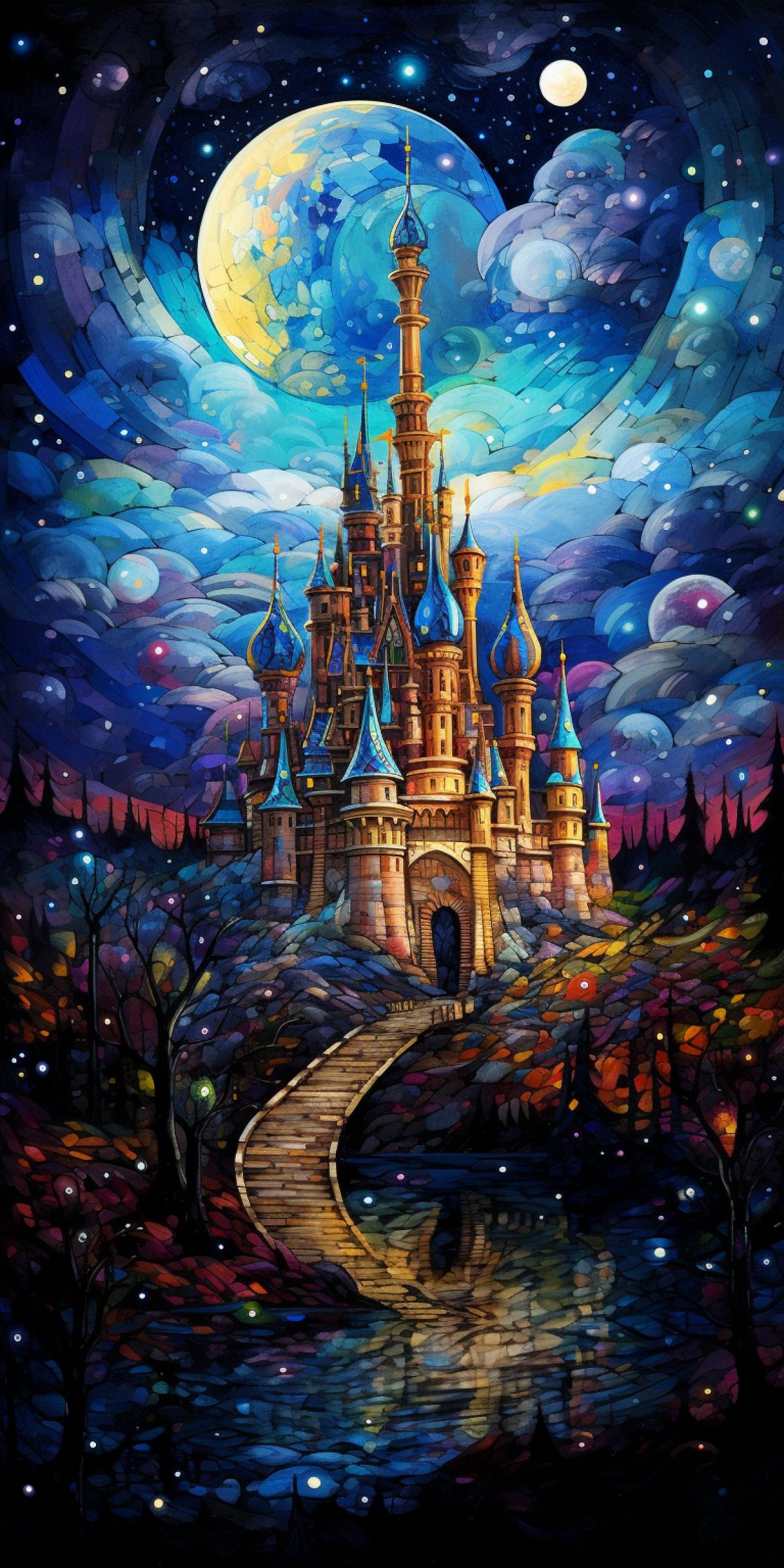a painting of a castle with a full moon in the sky, a mosaic, inspired by Tomek Setowski, deviantart contest winner, magical realism, maxim verehin stained glass, trending on deviantarthq sleeping beauty fairytale, mosaic