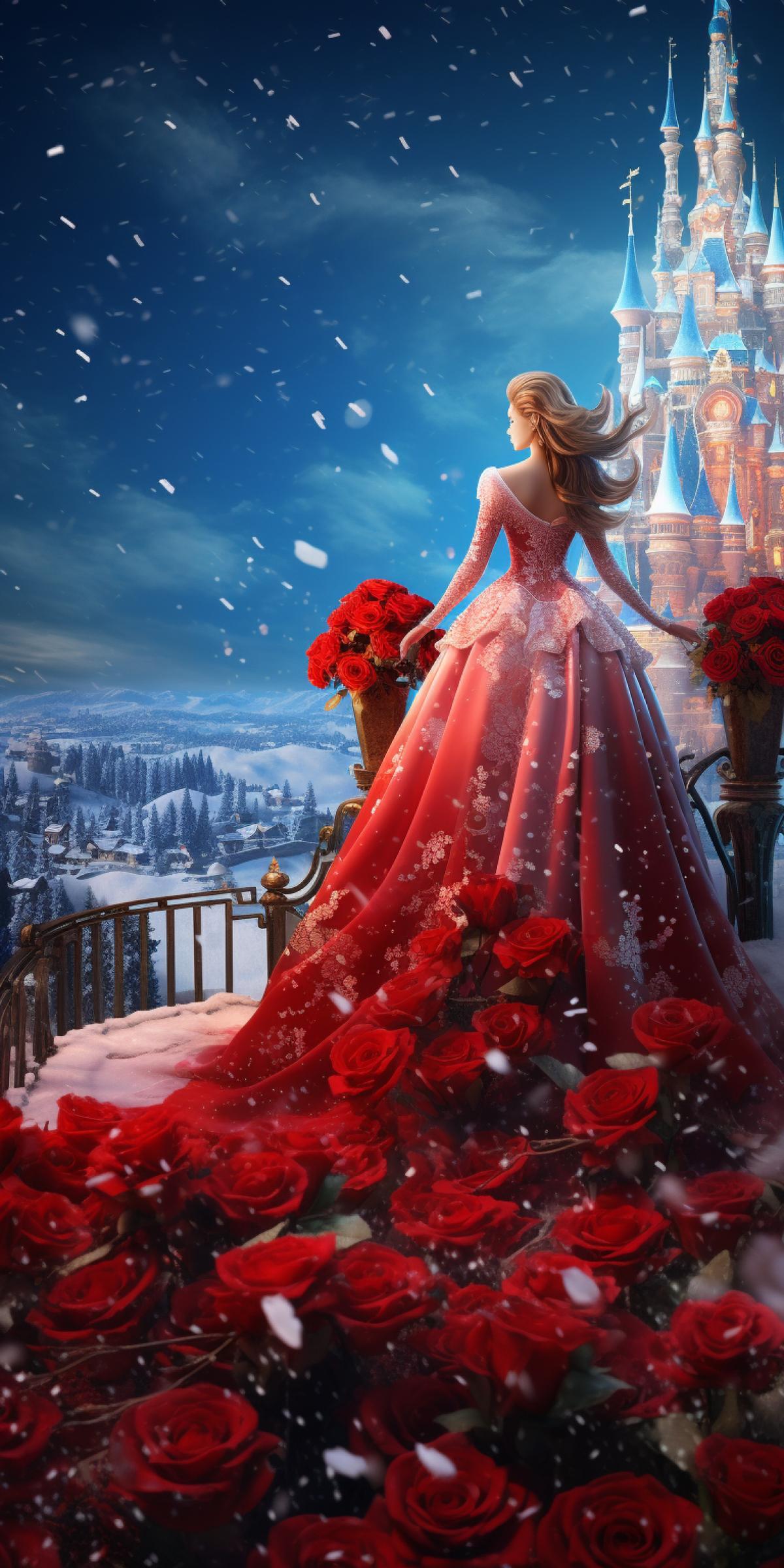 many tall red roses covered with transparent snow, many red roses, white disney castles in fairy tales, super high definition grand fireworks blooming in the starry sky, beautiful night, golden lights, soft moonlight, soft colors, soft light, 8k, new happiness, deep details, clear details, high quality, high definition, new love presents a high definition reality