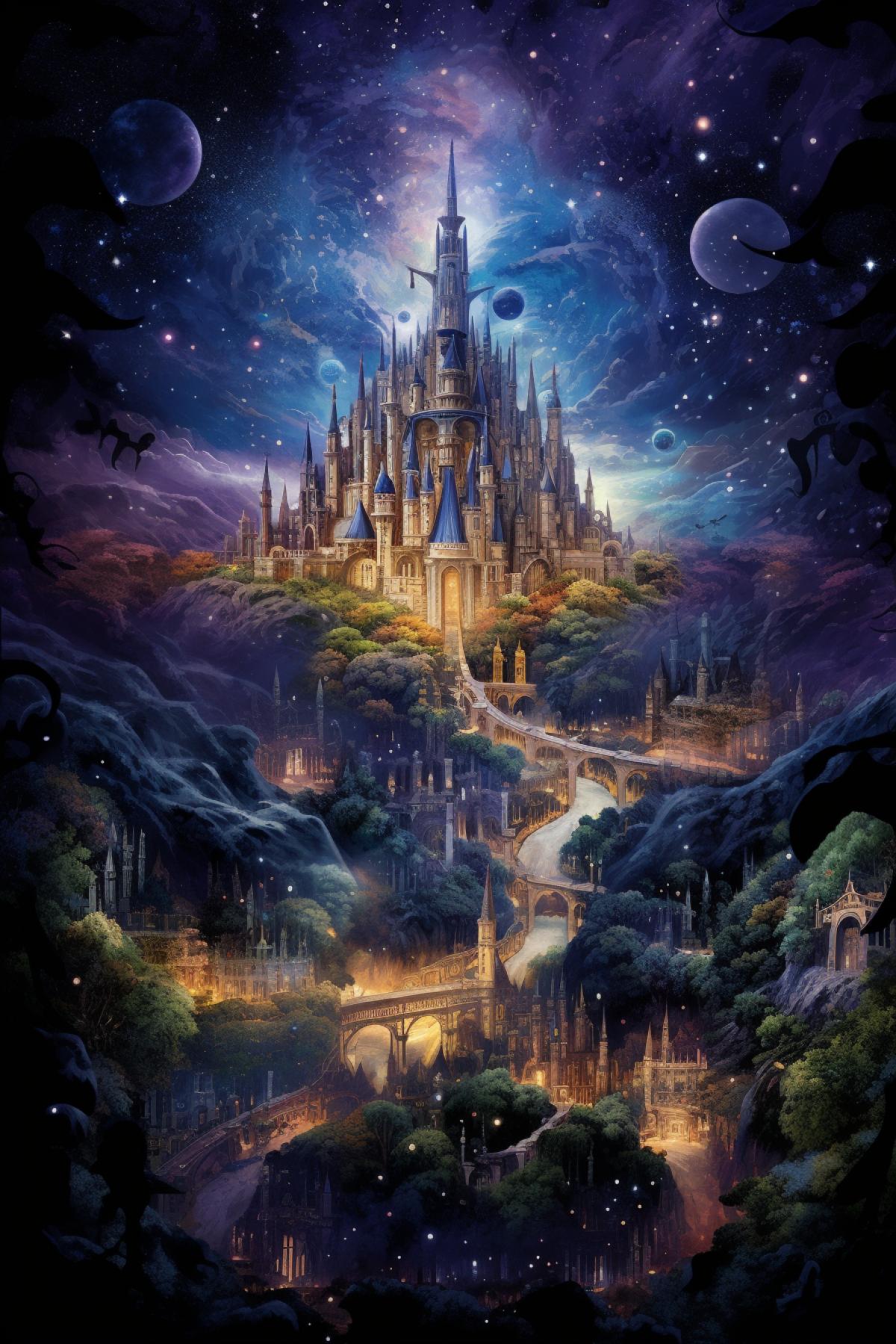 lucid dream earth water fire air spirit house of mystery and storytelling, temple library castle sky tower rainbow wizard, dragon faery interdimensional crossroads station, cosmic train station, sea of stars galaxy home