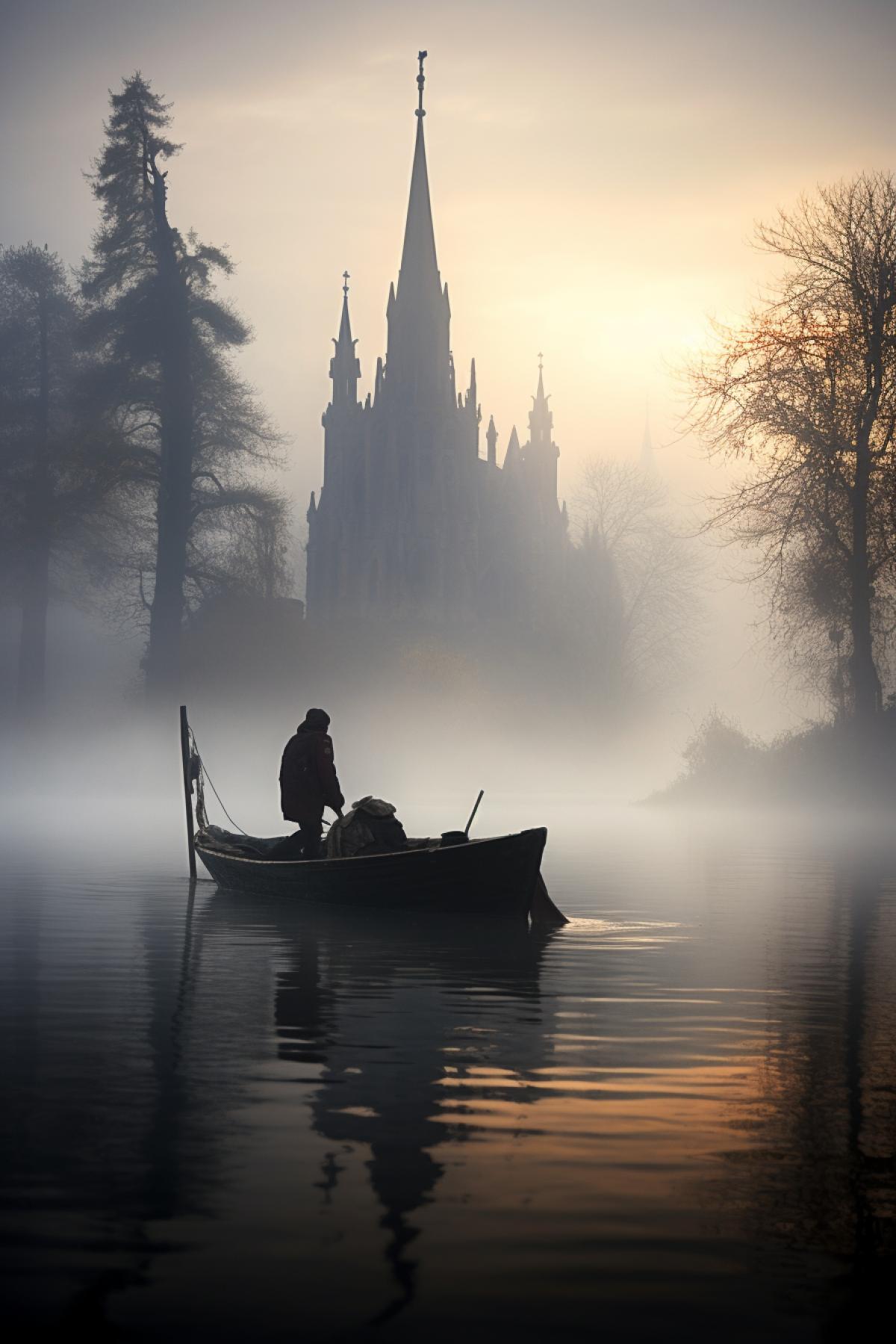 photo, medieval fisher, fishing, fisher boat, misty morning, game of thrones, wisps of fog on a giant lake, eerie impressive medieval castle on a tiny island, wilderness, landscape, photography award