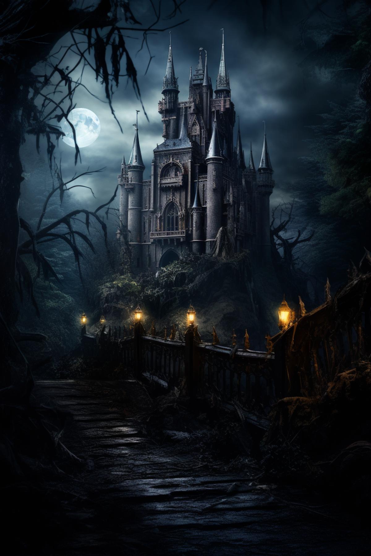 Haunted castle, intricate details, dark, dramatic atmosphere, eerie lighting, night, spooky, grandiose, Castlevania style, landscape photography