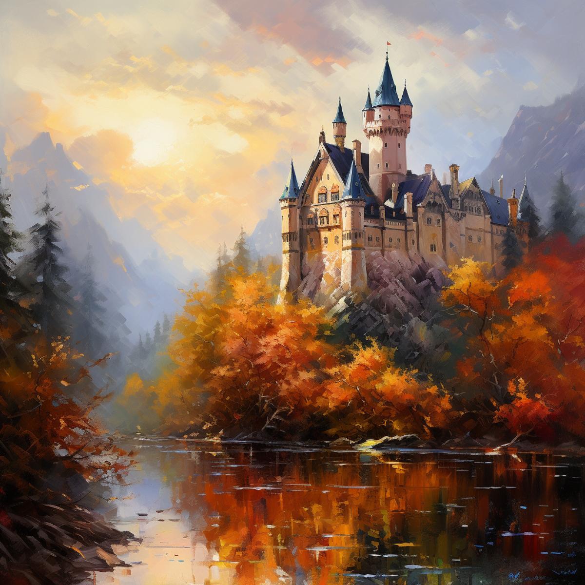 impressionism, bold brush strokes, expressive, dynamic, painterly, oil and watercolor, royal flair, autumn forest, beautiful amber castle, gigantic waterfall, misty morning, golden hour, Iguazu Falls, Neuschwanstein Castle, Eltz Castle