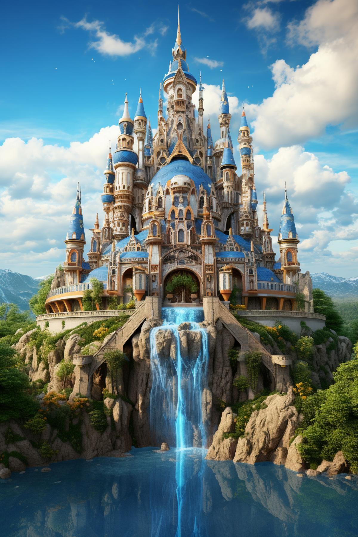 an imposing and highly ornamented fantasy castle, carved from sapphire stone, atmosphere, dramatic lighting, beautiful landscape, epic com4k, incredibly beautiful, hyperreal, hyper realistic, realistic, realistic lighting, volumetric light, intricate, hyperdetailed, fine details, wide angle, by Miyazaki, Nausicaa Ghibli, The Legend of Zelda Breath of The Wild 8k