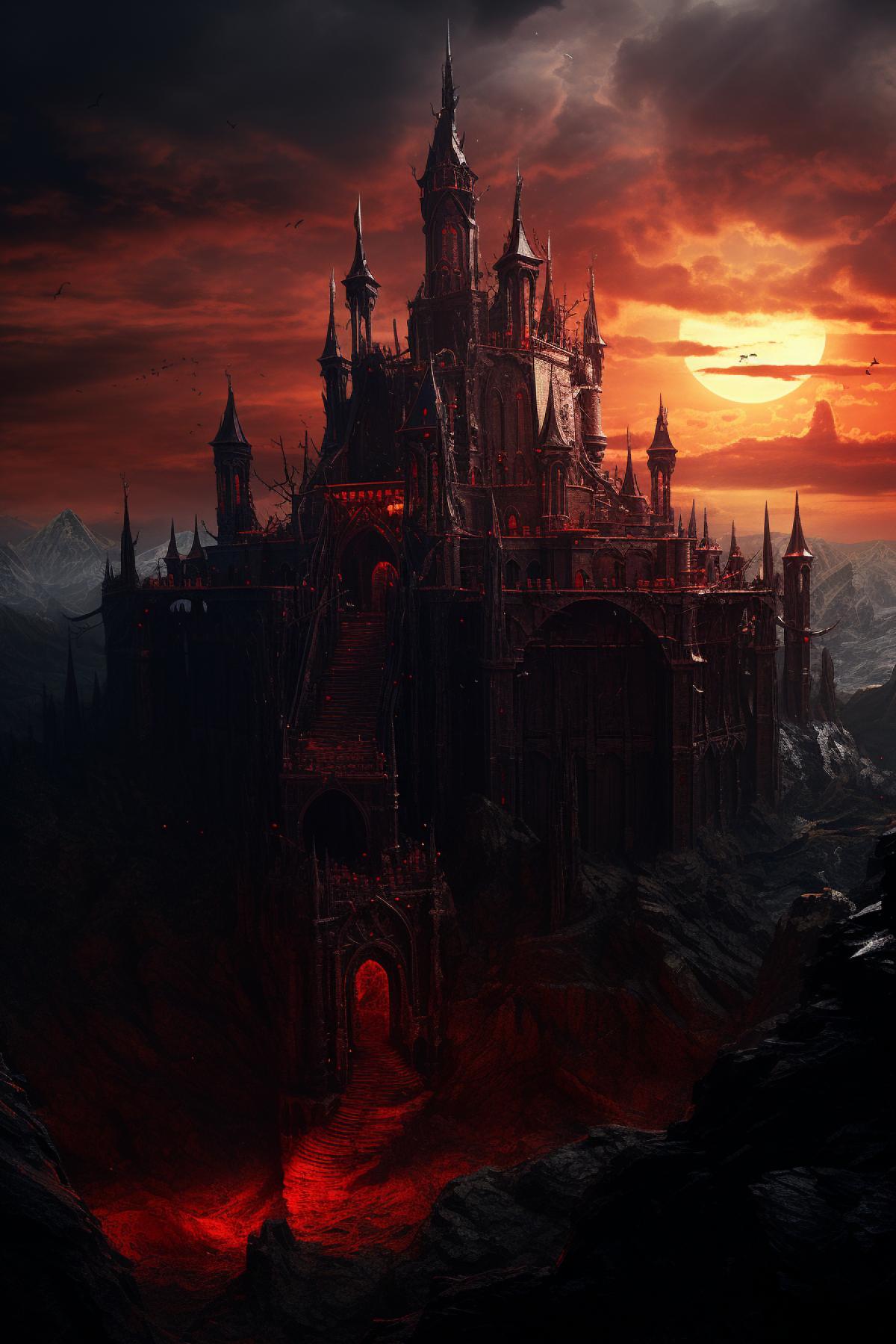 concept art evil vampire castle by filip burburan + adam paquette: sharp focus, vivid sunset, curves, saturated, wide shot, vfx, hypertexture, digital art