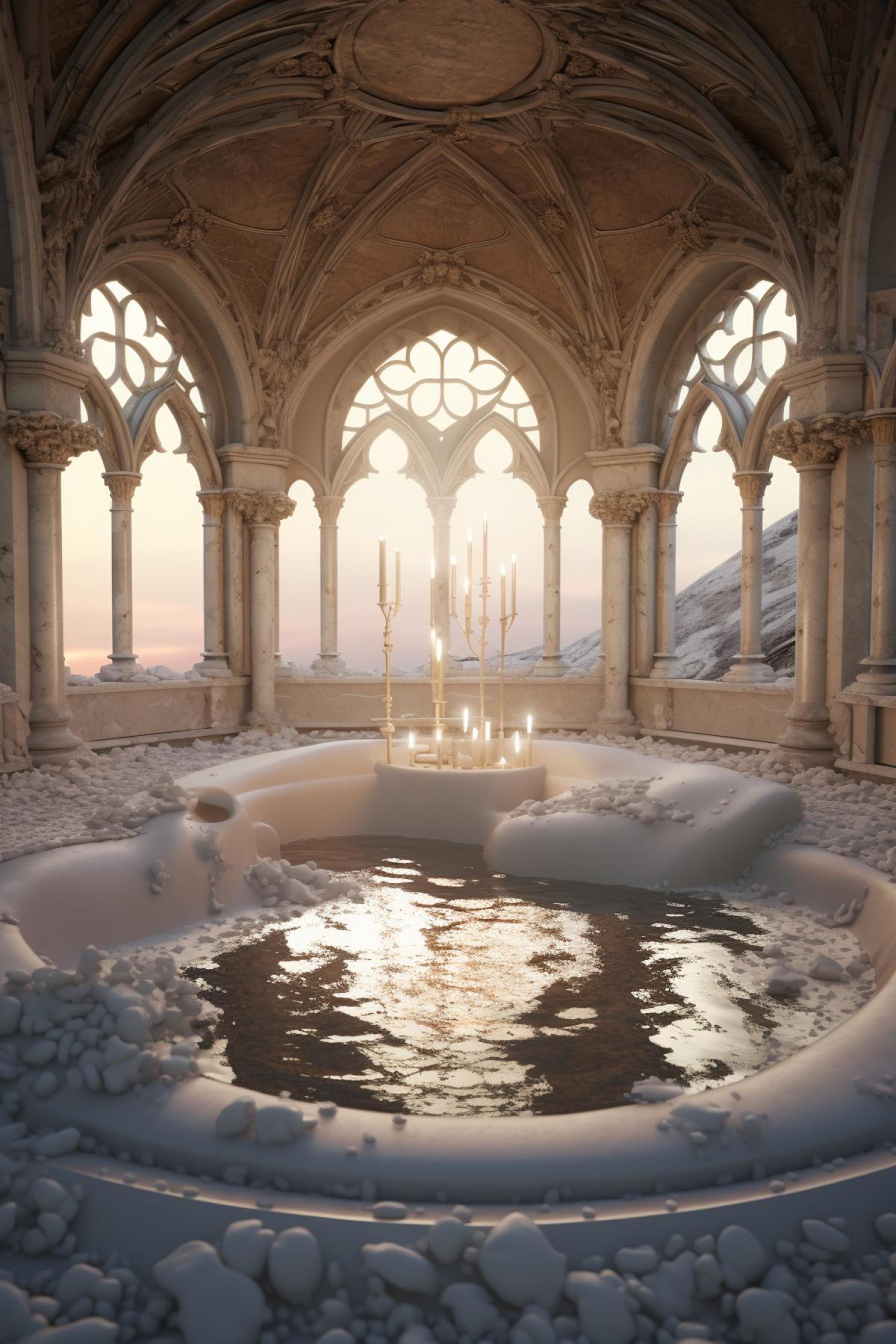 breathtaking hottub castle interior, volumetric light, ambient occlusion, luminescent, light and shadows, hyperrealistic, intricate and detailed, 20mm lens, 8k hd
