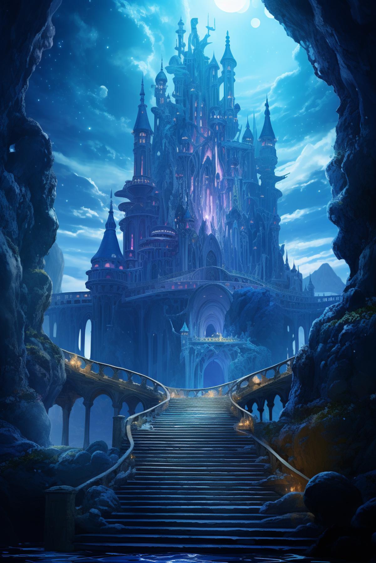 An imposing and highly ornamented fantasy castle, Carved from Sapphire stone, Atmosphere, Dramatic lighting, Beautiful Landscape, Epic com4k, Wide angle, by Miyazaki, Nausicaa Ghibli, Nick Gindraux, Ryan Church