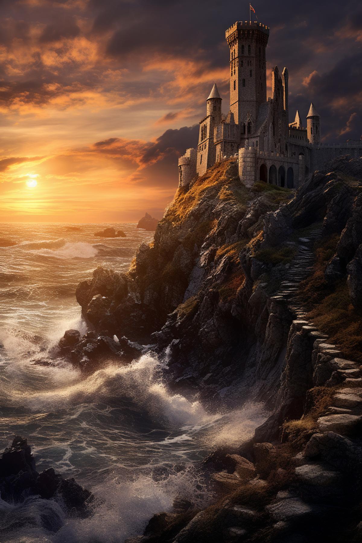 Fantasy Ruins of a castle on a cliff, landscape, sea, breaking waves, dramatic clouds and sunlight, magic, dramatic, epic, divine perfectionism, detailed, ultra detail, intricate details, volumetric lighting, vibrant colors, concept, photorealistic, photography, high definition, digital art, 8k