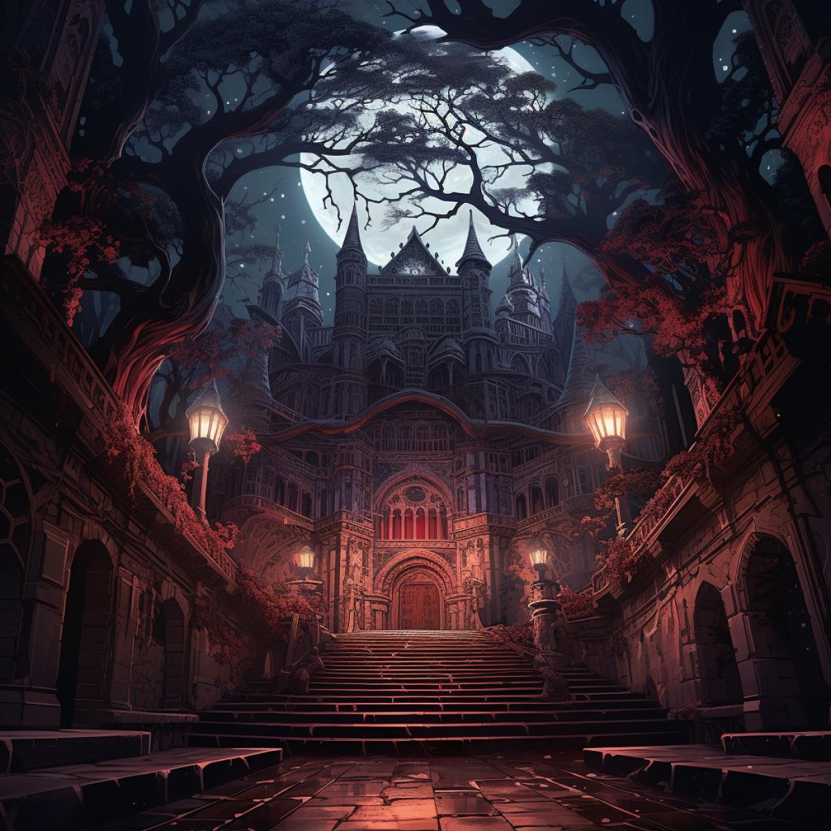 Beautiful horror fantasy, draculas castle courtyard with a stunning oak tree in the centre, dark night, red super moon, hyperdetailed, beautiful lighting, Arches, steps, symmetry, shadows, Jordon grimmer, Grzegorz rutkowski, Breath of the wild, Studio ghibli