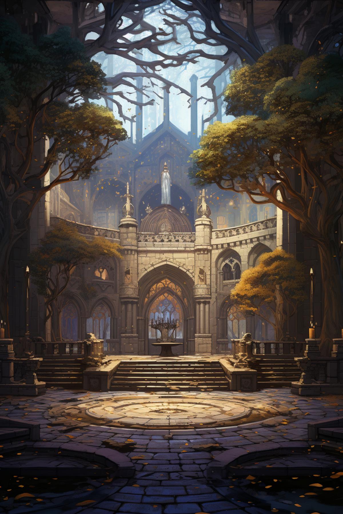 Beautiful fantasy renaissance castle interior courtyard with stunning oak trees, winter, hyperdetailed, beautiful lighting, observatory, windows, symmetry, shadows, Jordon grimmer, Grzegorz rutkowski, Breath of the wild, Studio ghibli