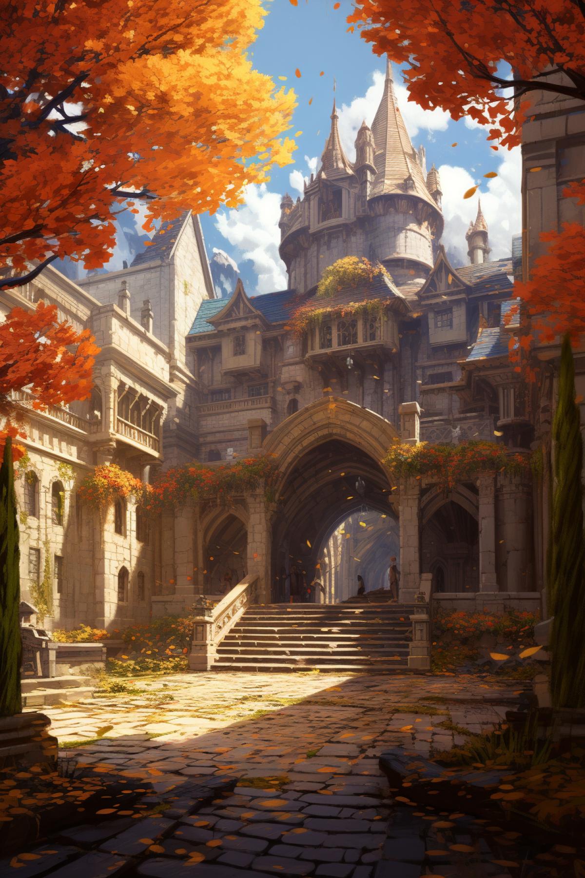 Beautiful fantasy, castle courtyard with a stunning maple tree in the centre, autumn, hyperdetailed, beautiful lighting, Arches, steps, symmetry, shadows, Jordon grimmer, Grzegorz rutkowski, Breath of the wild, Studio ghibli