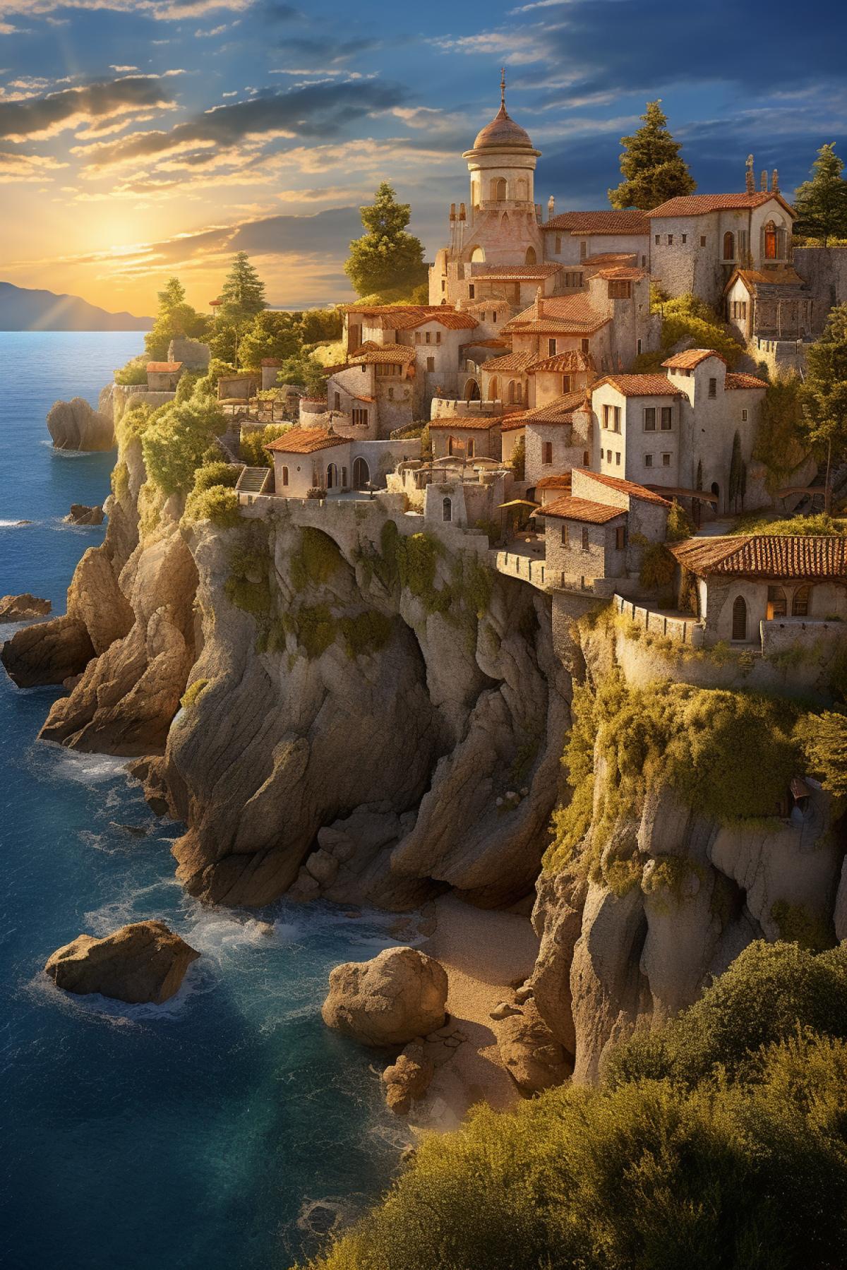 Mediterranean Medieval castle village along a coastline, Many Colorful Houses with lights on inside, morning light, in the style of Darek Zabrocki, Moebius, Gediminas Pranckevicius, Photography by Andreas Gursky, photo realistic, dappled sunshine, raking sunlight, cinematic lighting