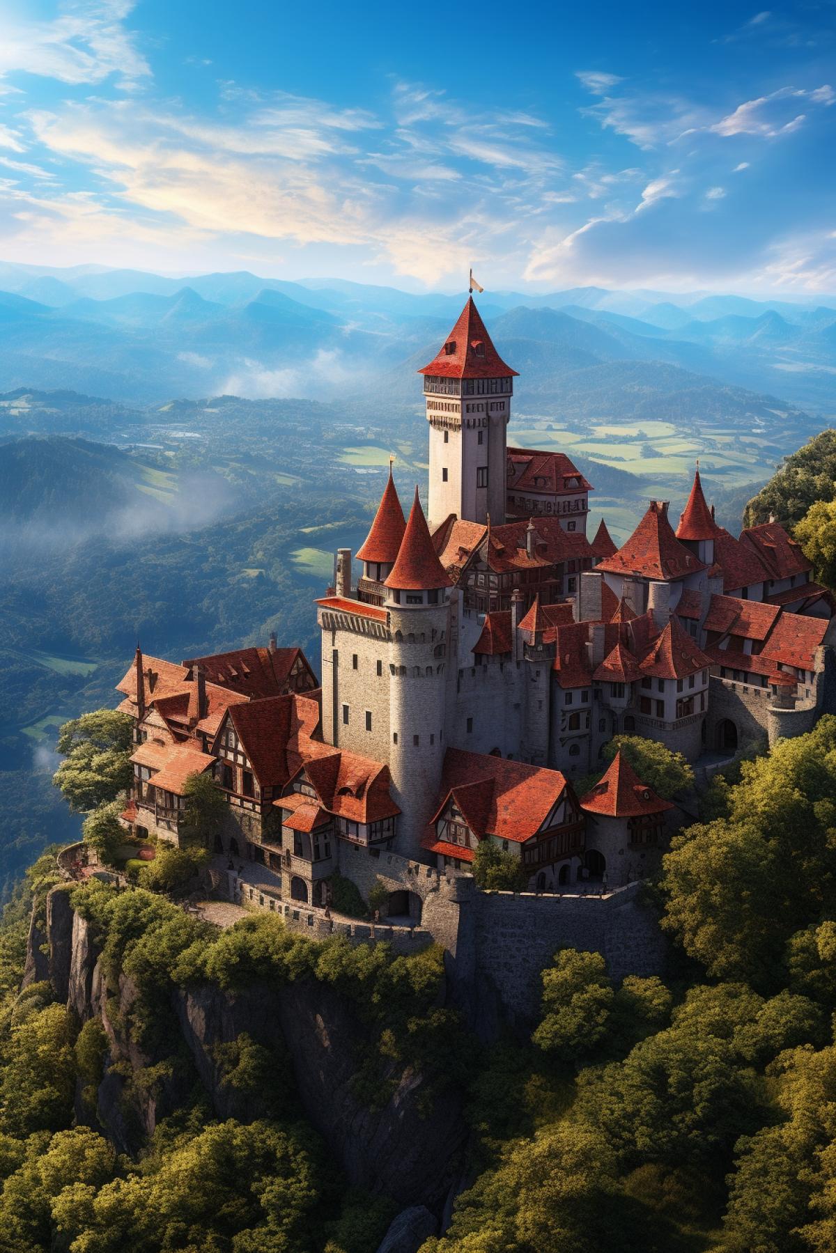 aerial view of a towering sprawling tudor castle on a hill, red gabled roofs, dormers, crenellations, guard towers, sprawling medieval city surrounding the castle, Himalayas backdrop, beautiful midday light, intricate and detailed, wide angle, epic, breathtaking, 20mm lens, f/16, digital art, concept art, city skyline photography, overhead, hyper-realistic, 4k render