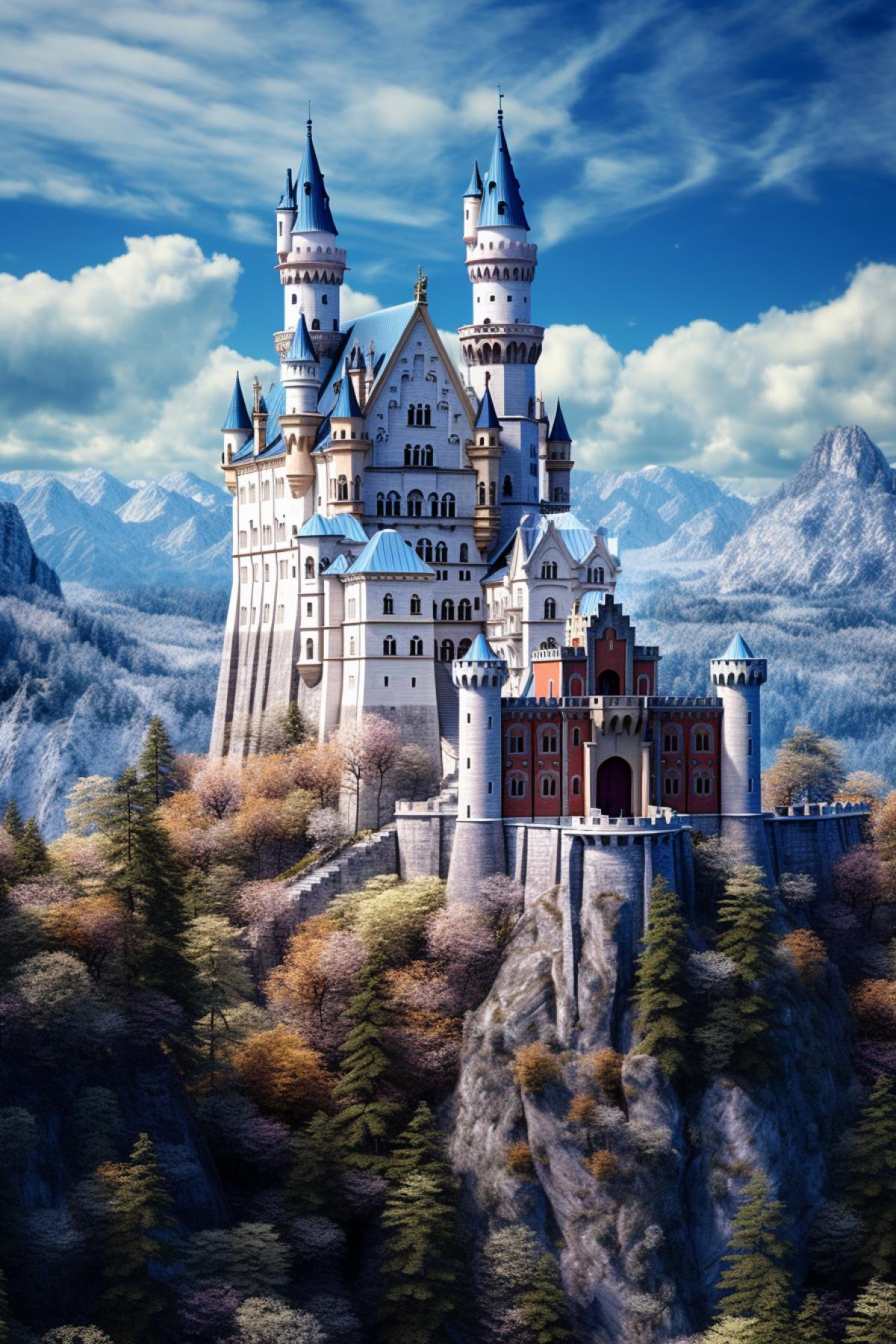 grand castle carved from pyrite, sparkly, neuschwanstein, twilight, soft lighting, breathtaking, epic, wondrous, 8k, insanely detailed, photo realistic