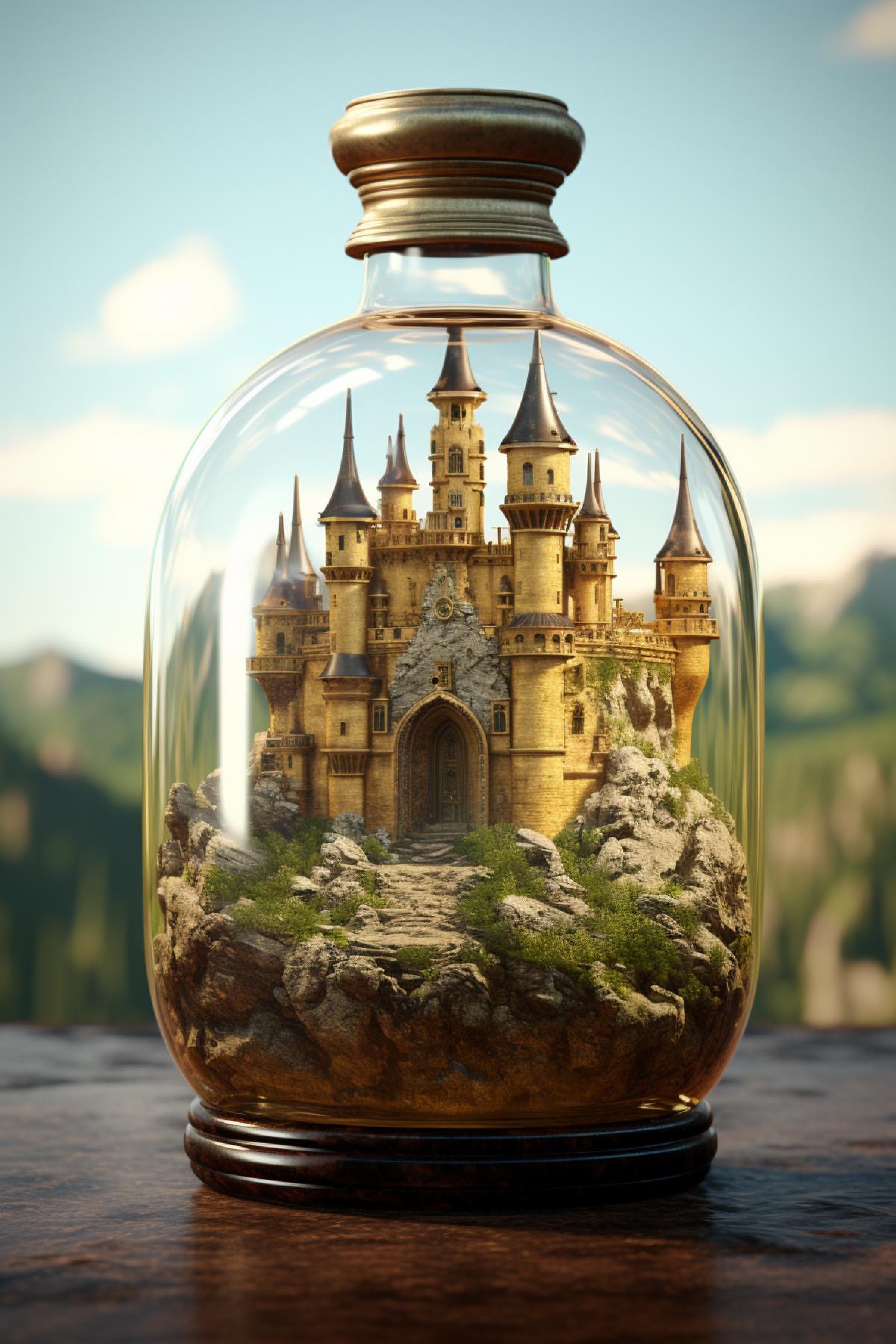 castle in bottle, octane render, unreal engine, 3d, photorealism