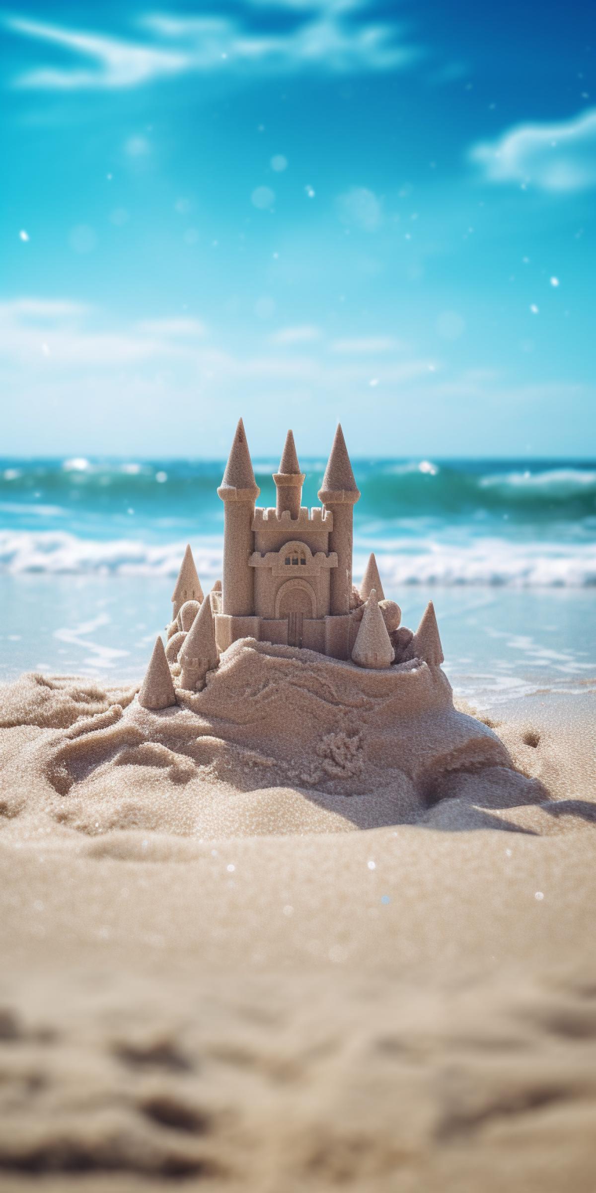 Sand castle built on the beach, sunny day, light breeze, grainy photo, fine focus, depth of field, wide shot, high shot, high resolution, rolling waves background