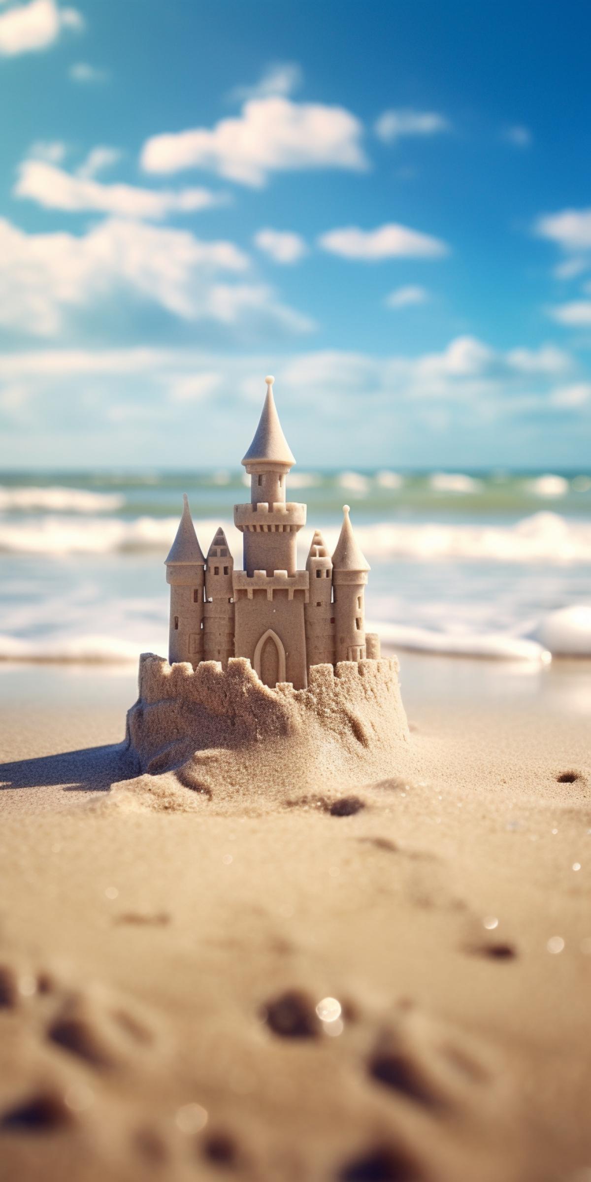 Sand castle built on the beach, sunny day, light breeze, grainy photo, fine focus, depth of field, wide shot, high shot, high resolution, rolling waves background