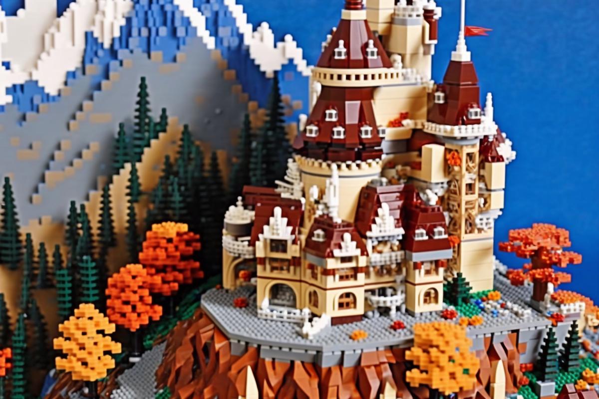 Huge castle made of Lego in the autumn mountains