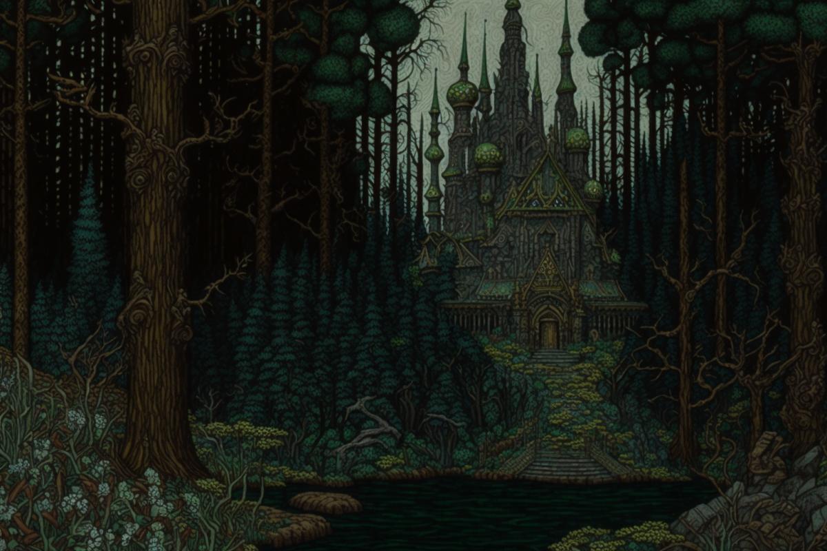 An ominous castle in a dark forest in the style of Bilibin