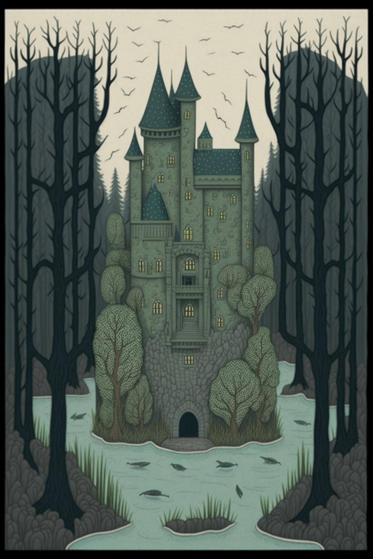 An ominous castle in a gloomy foggy swamp in the style of Bilibin