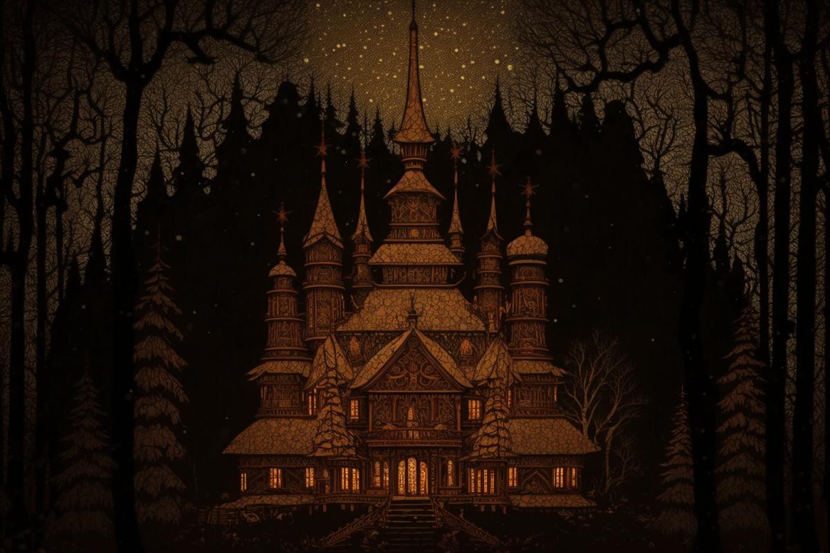 An ominous castle in a dark forest in the style of Bilibin