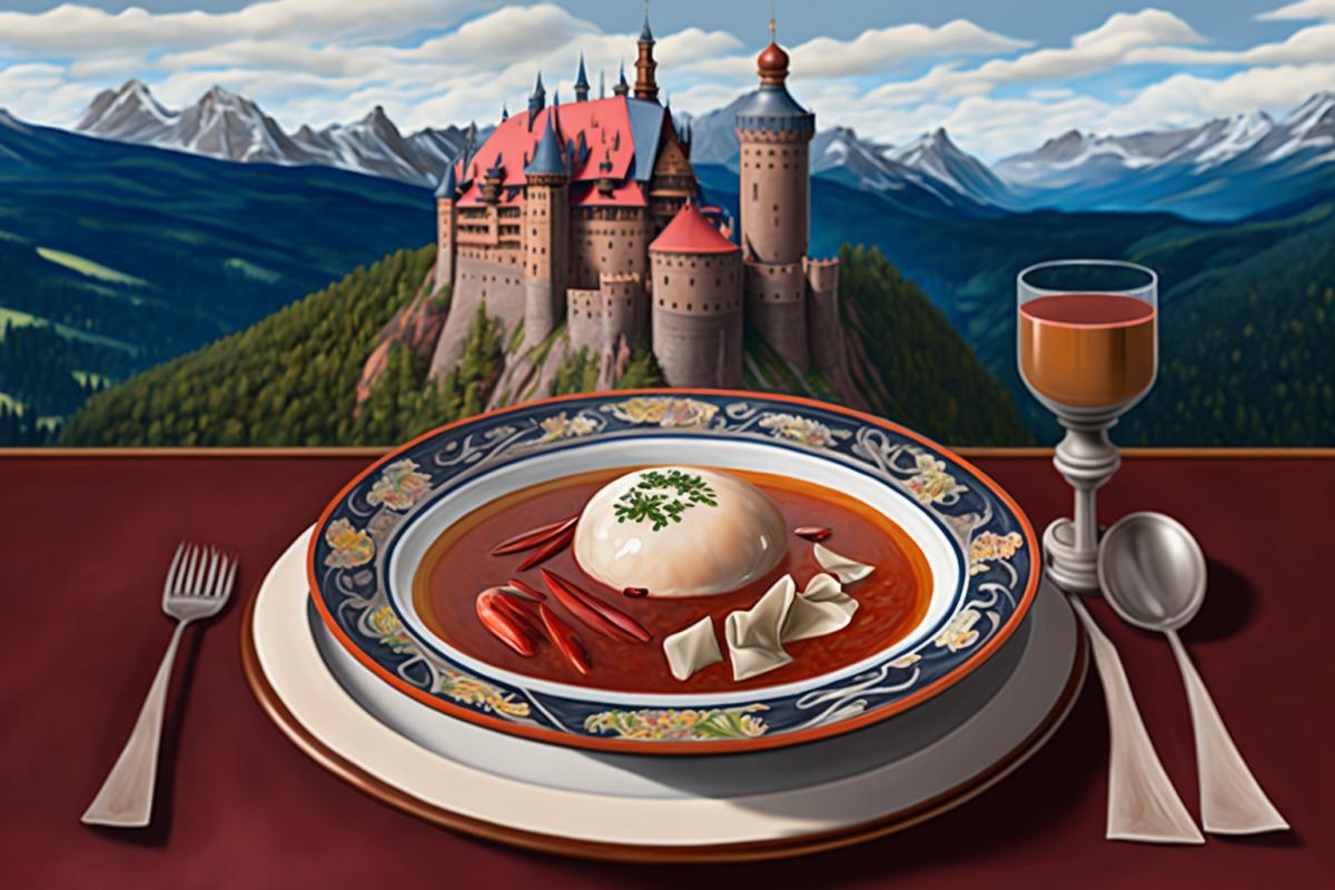 Majestic castle in a plate of borscht
