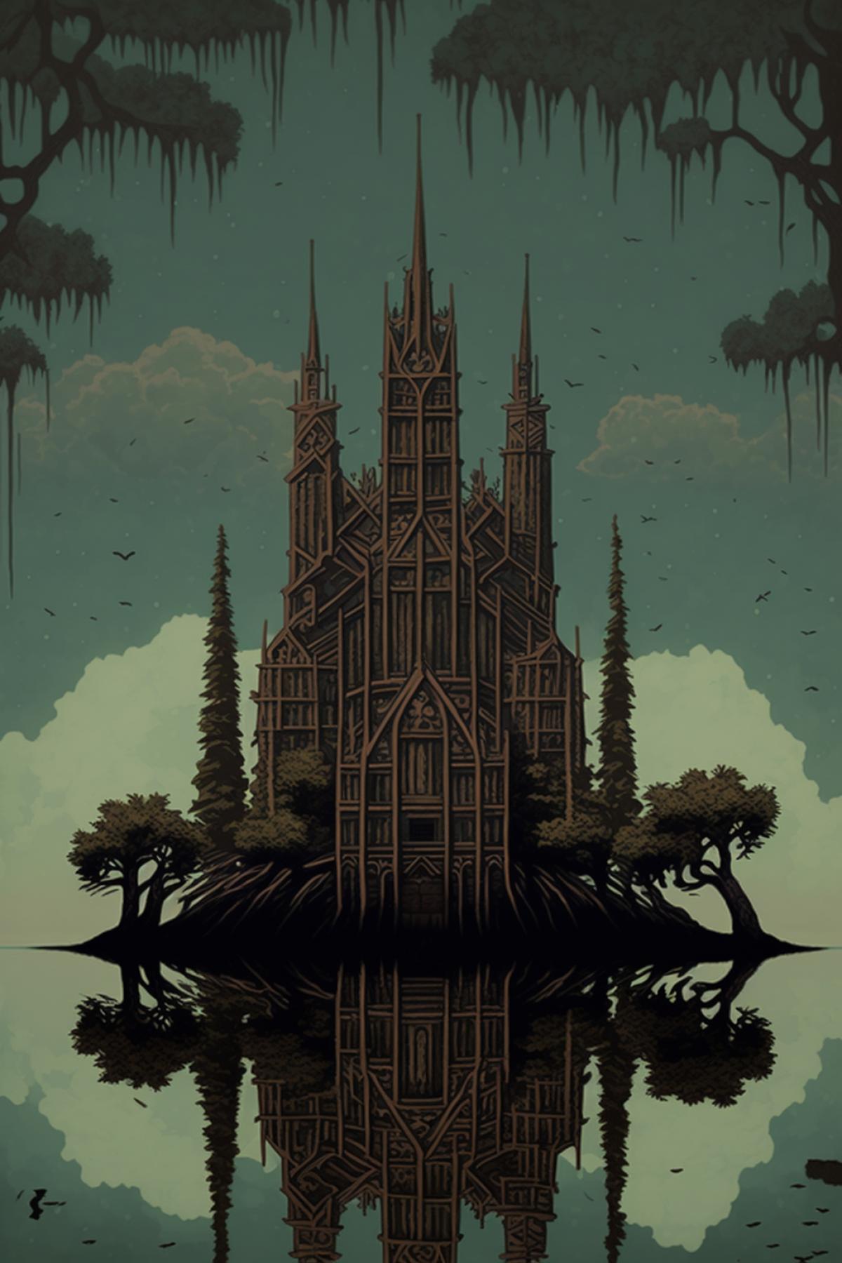 An ominous castle in a gloomy foggy swamp in the style of Bilibin
