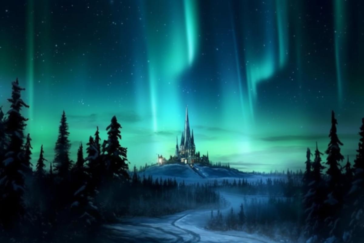 Ice castle in winter forests of Karelia, northern lights