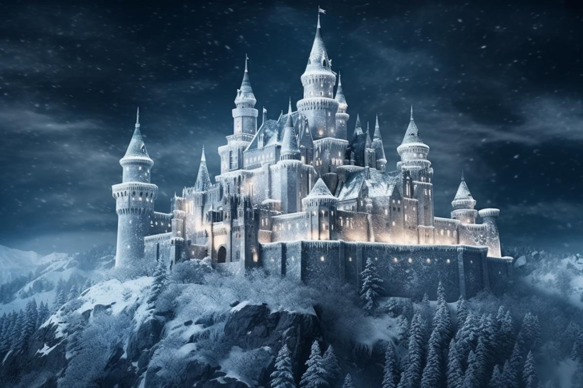 Icy large castle with towers in the winter forests of Karelia, northern lights at night