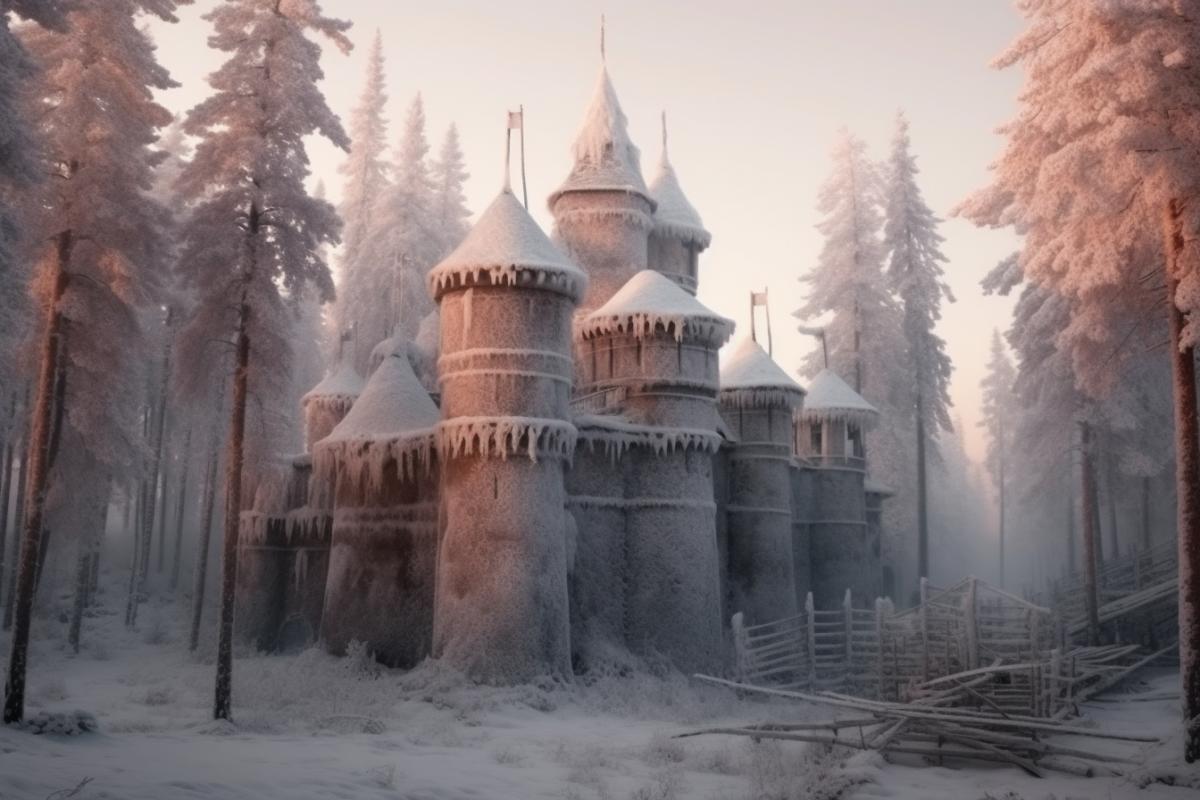 Icy large castle with towers in the winter forests of Karelia, northern lights at night