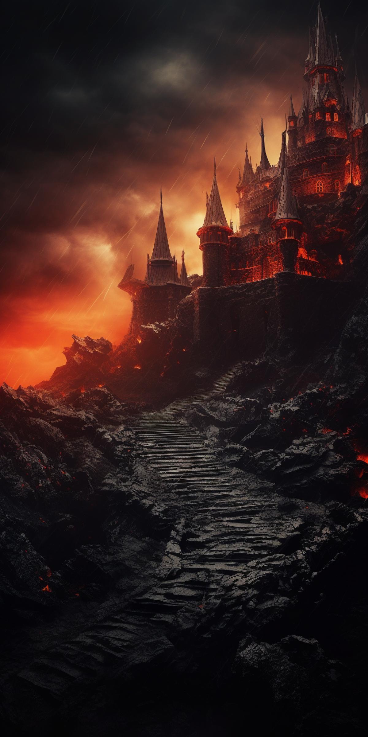 Castle of the Prince of Hell, sparkling dark walls, razor-sharp stones, fire from the windows, darkening sky, grainy photo, wide angle, high contrasts, depth of field, high resolution, scarlet snow background