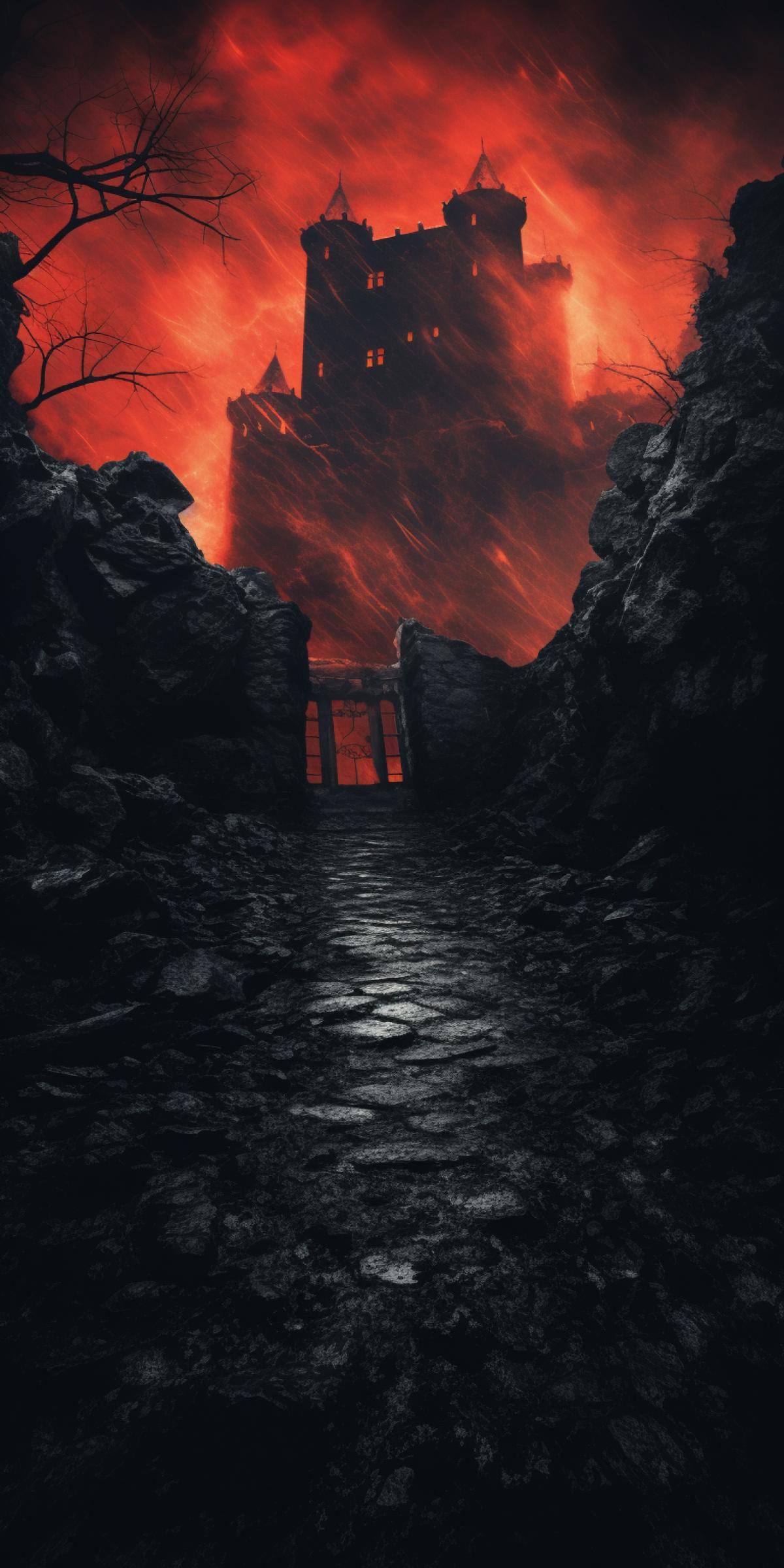 Castle of the Prince of Hell, sparkling dark walls, razor-sharp stones, fire from the windows, darkening sky, grainy photo, wide angle, high contrasts, depth of field, high resolution, scarlet snow background