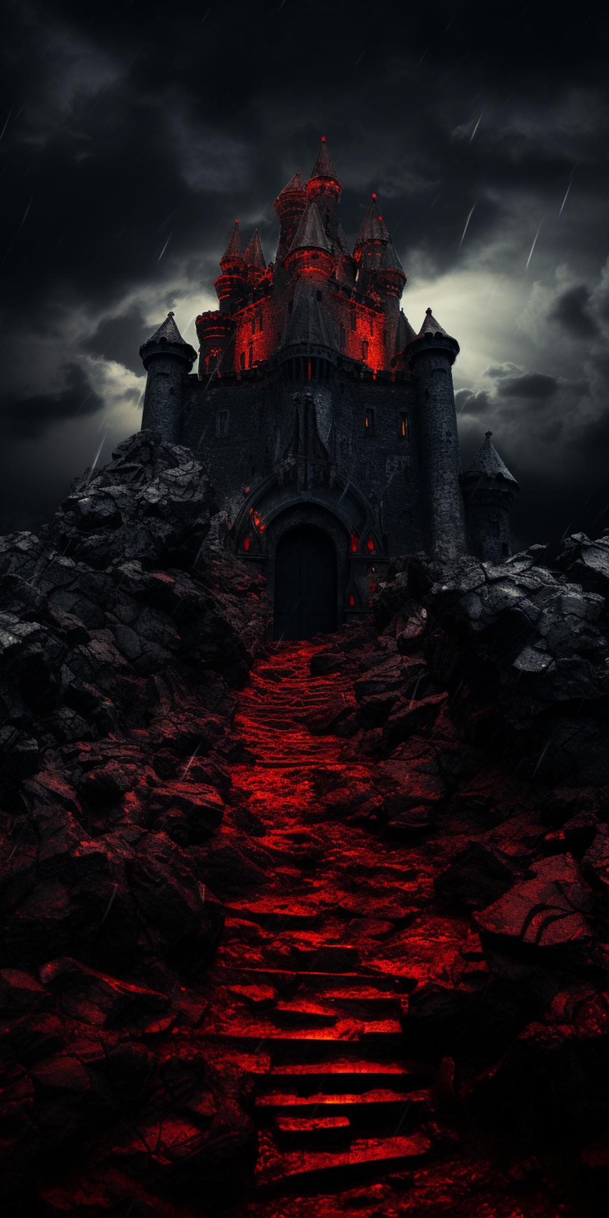 Castle of the Prince of Hell, sparkling dark walls, razor-sharp stones, dark clouds, grainy photo, wide angle, contrasts, depth of field, high resolution, scarlet snow background