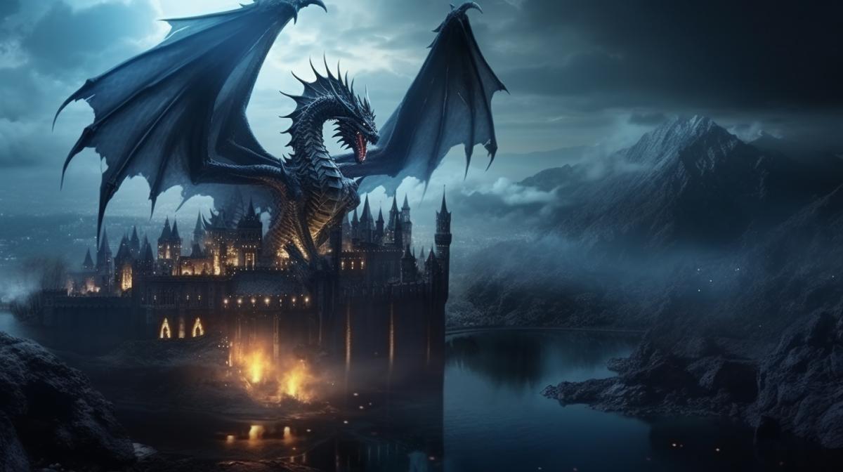 castle on the edge of the lake, a huge dragon in the lake, night, fog, CG art speed pain