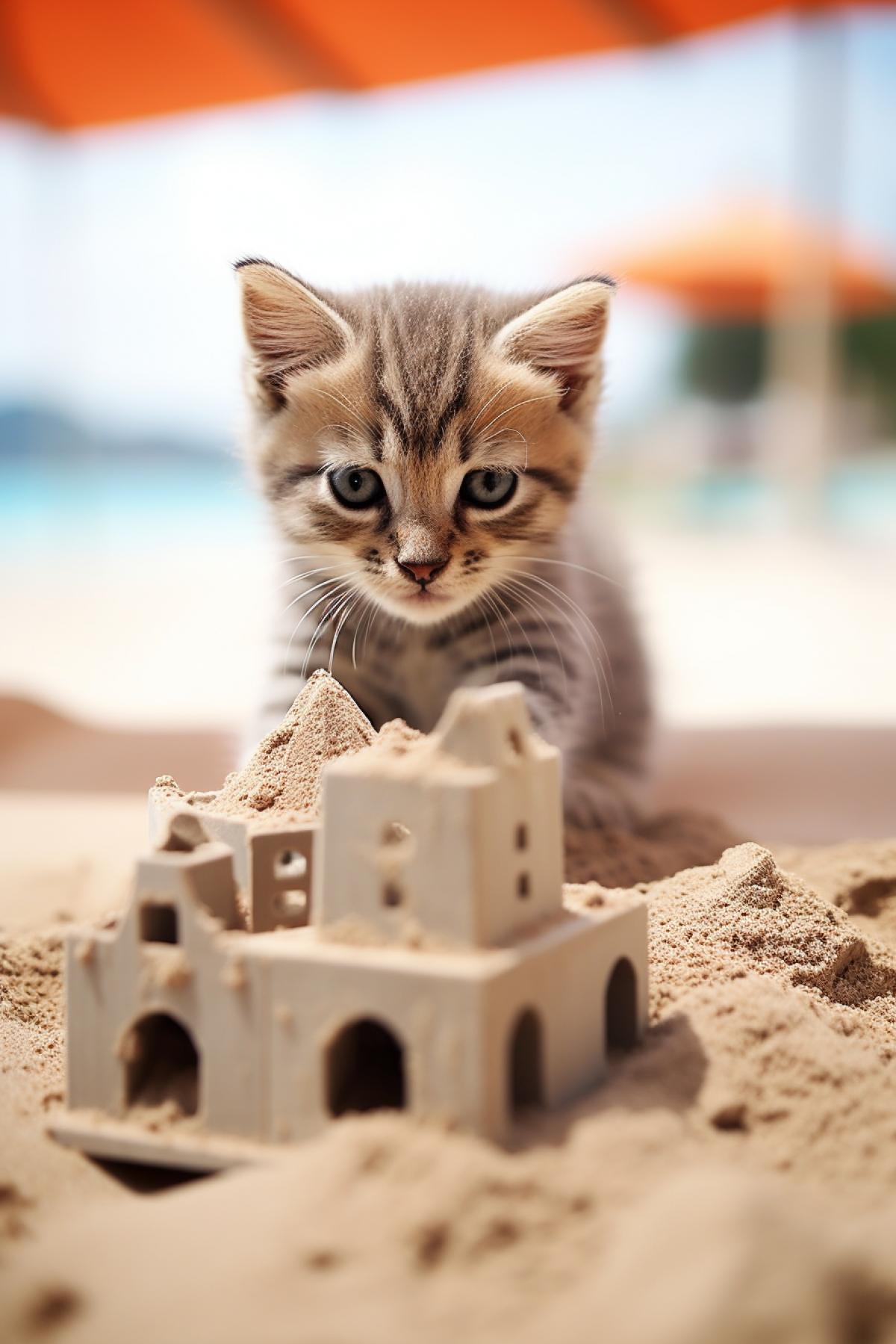 Kitten playing with sand castle