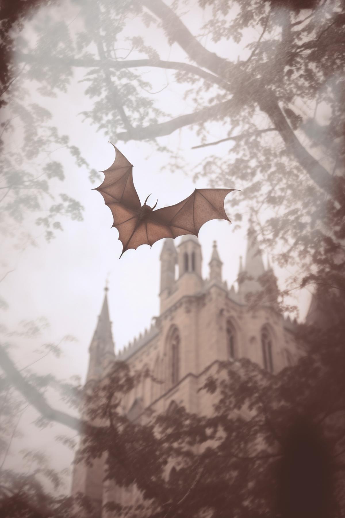 A bat on a branch in the background is a medieval castle double exposure