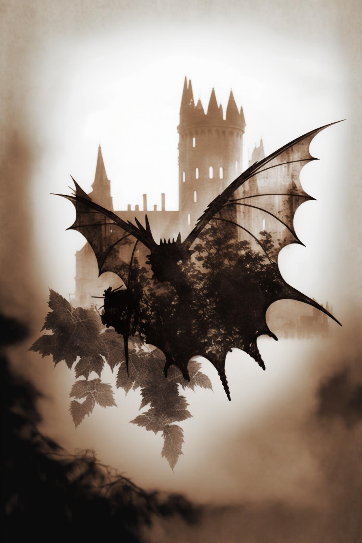 A bat on a branch in the background is a medieval castle double exposure