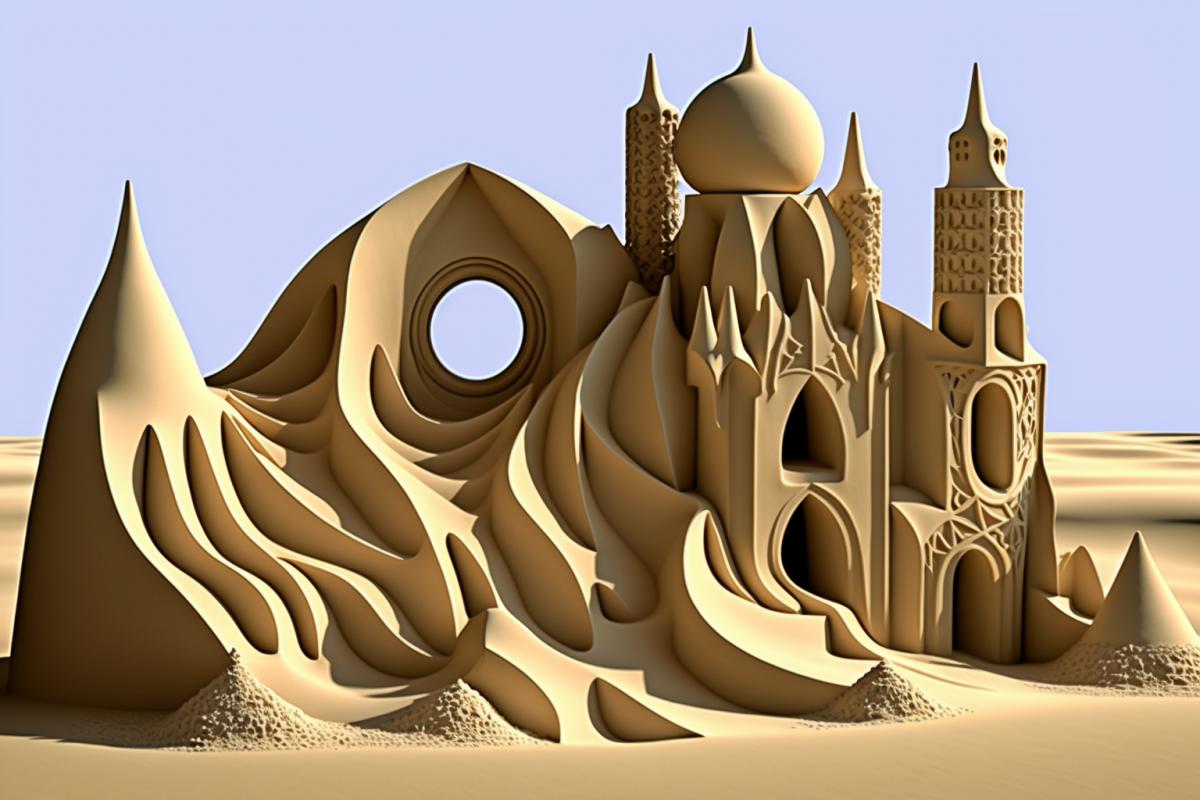 sand castle, style Gaudi, background style Dali