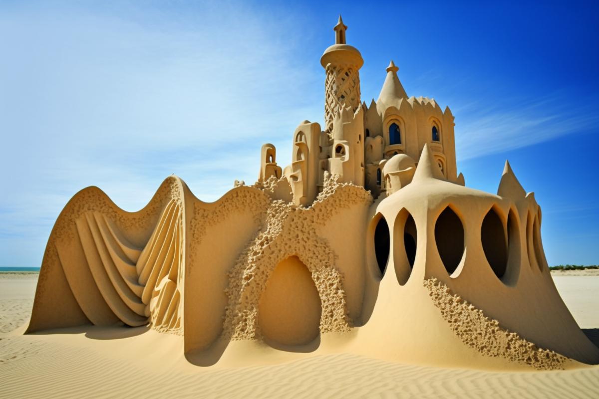 sand castle, style Gaudi, background style Dali