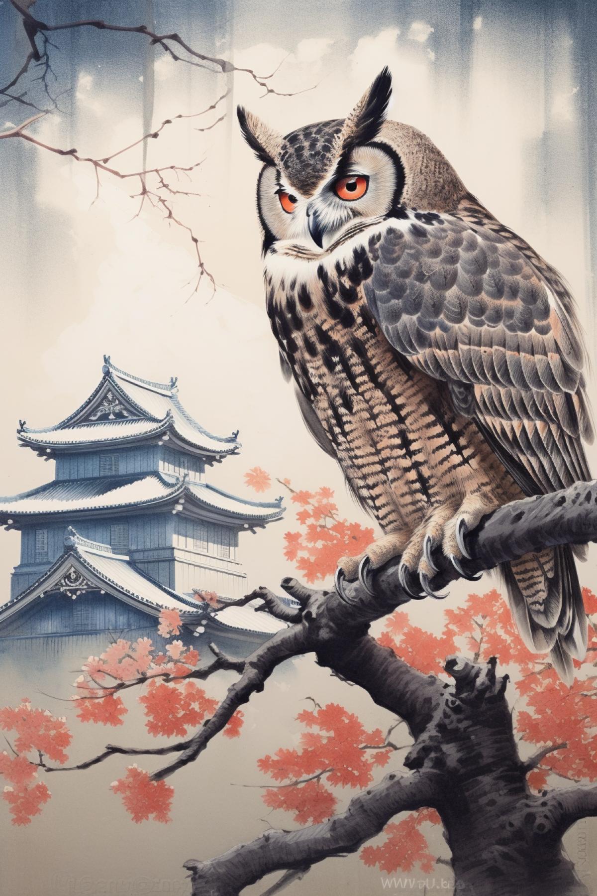Eagle owl on a branch, moon, castle, double exposure, Japanese painting