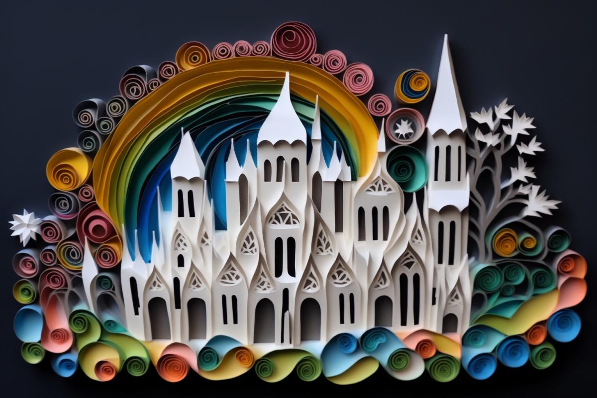 white castle, multi-coloured background, style Gaudi, paper quilling