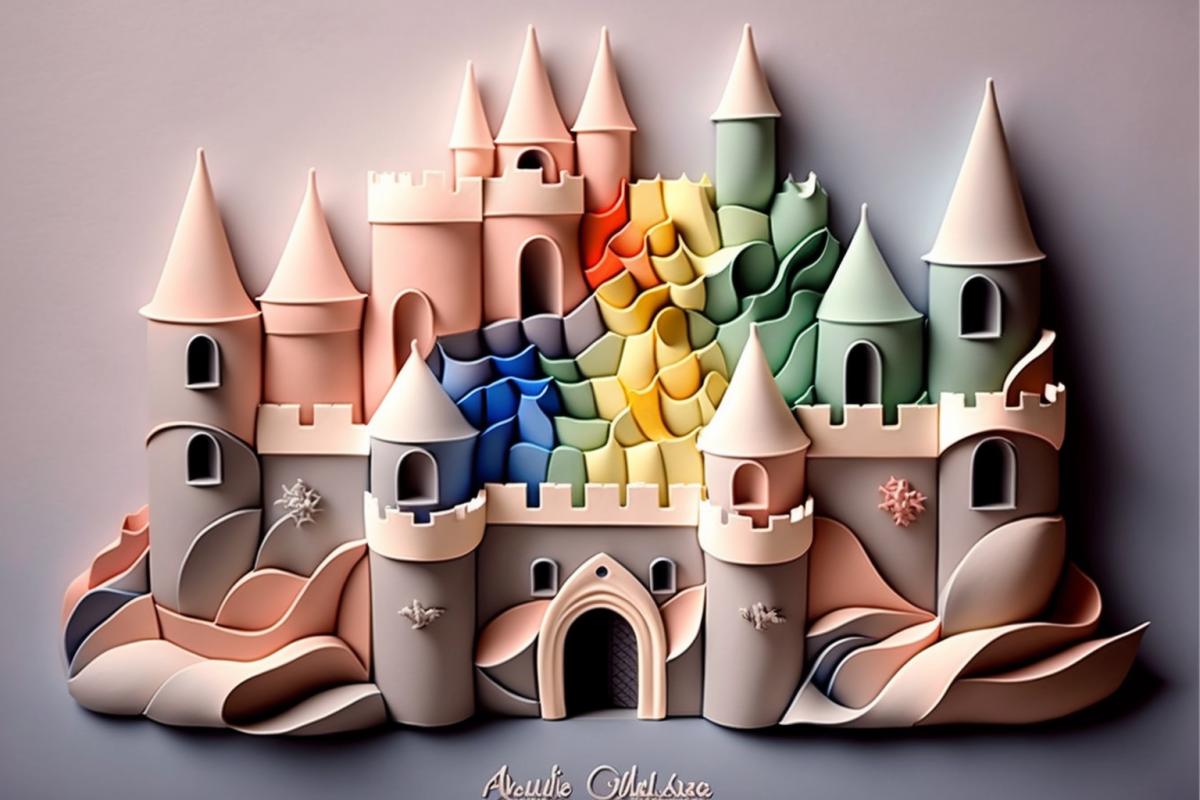 white castle, multi-coloured background, style Gaudi, paper quilling