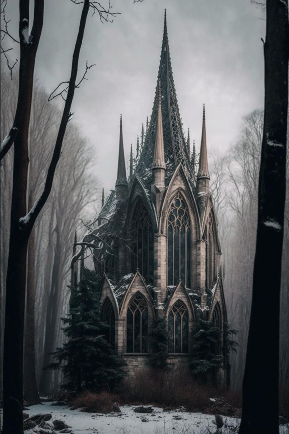 cinematic, beautiful, minimalist gothic castle, lancet windows, spiers, snowy forest, professional photography s 750