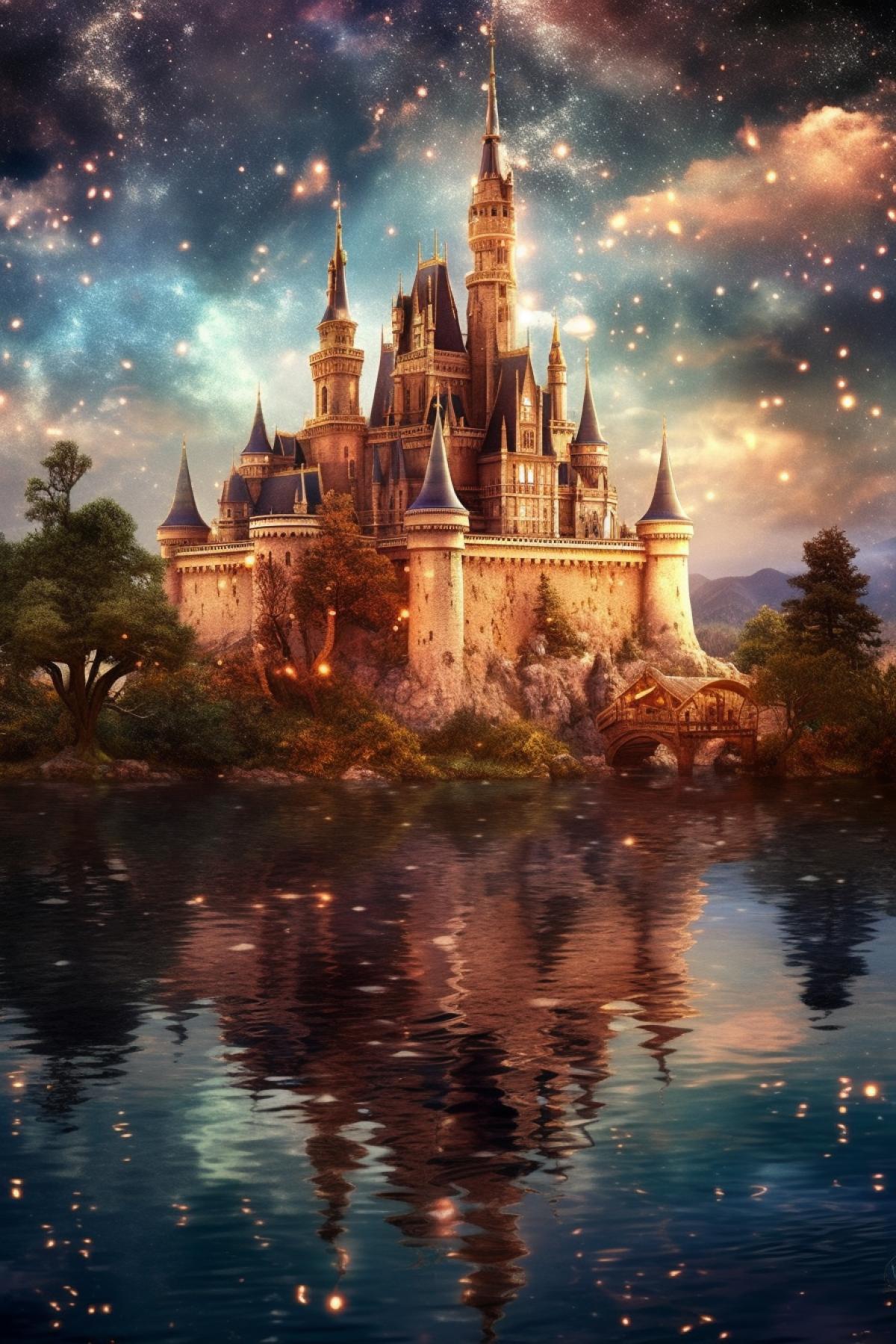 night, real beautiful fairytale castle made of precious stones on the lake, sparkles, shine, photorealism