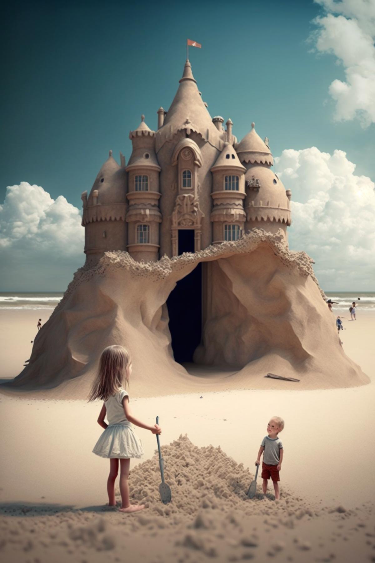 A little girl stands at the gate of a huge sand castle, a little girl stands with a shovel in her hand. There are people sitting in front of this castle who look at this huge sand castle with surprise.