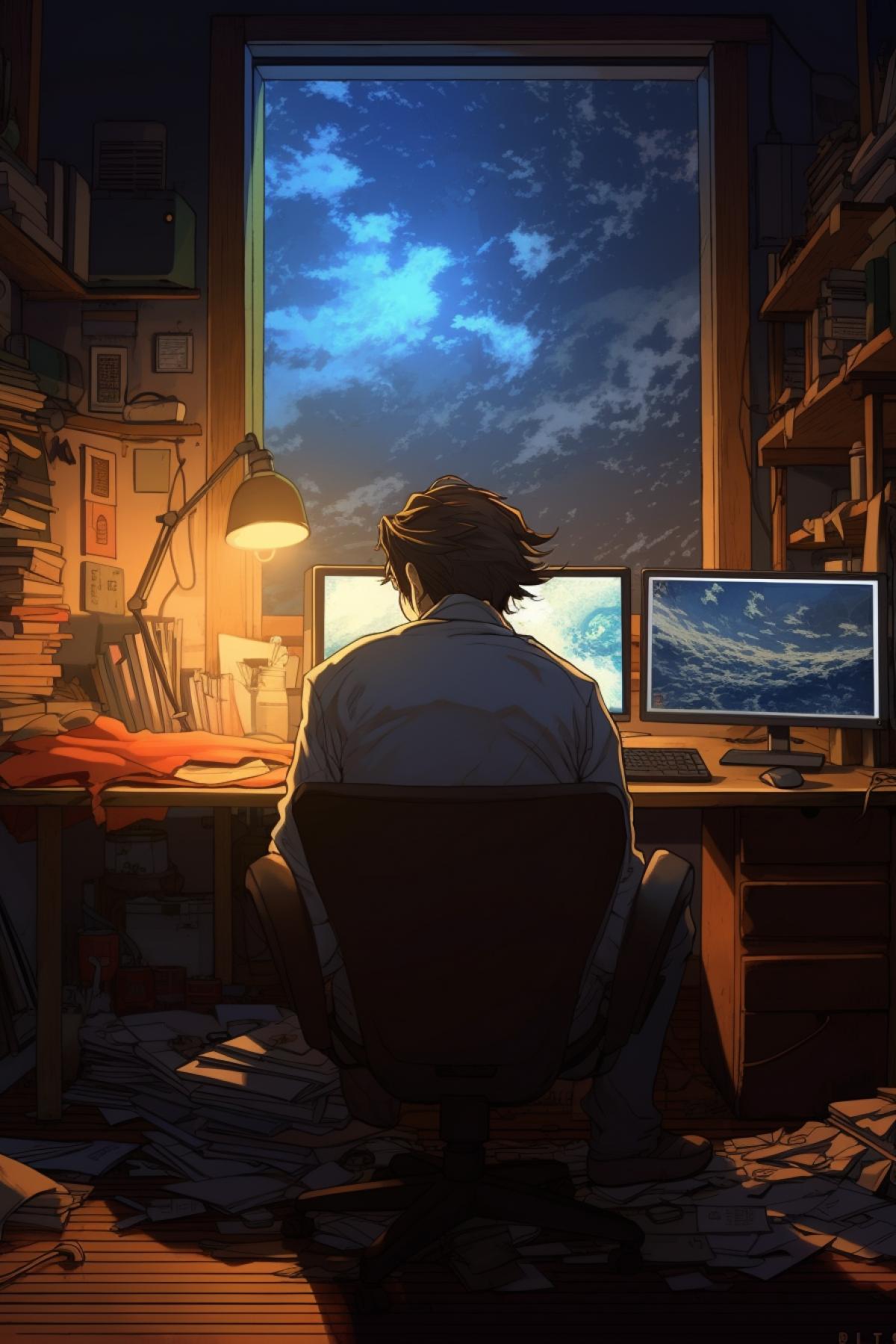 man sleeping on a computer desk, anime style, back view