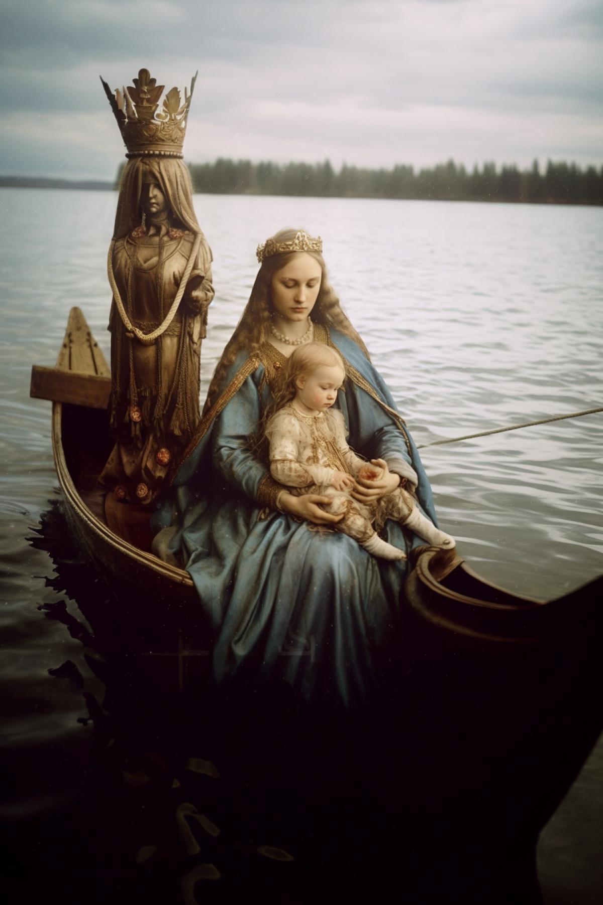 A young Russian girl with blond, wet, long hair, braids, in a Russian kokoshnik, like the horns of the month, in a wet, long blue transparent dress, a golden corselet covers her detailed, a golden belt is worn at the waist, holds a small child in her arms, sits in an antique boat, on a stormy sea, rain, night, next to the Russian palace of the future century, summer, roses bloom, fantasy style, Russian icon painting by Ludwig Deutsch